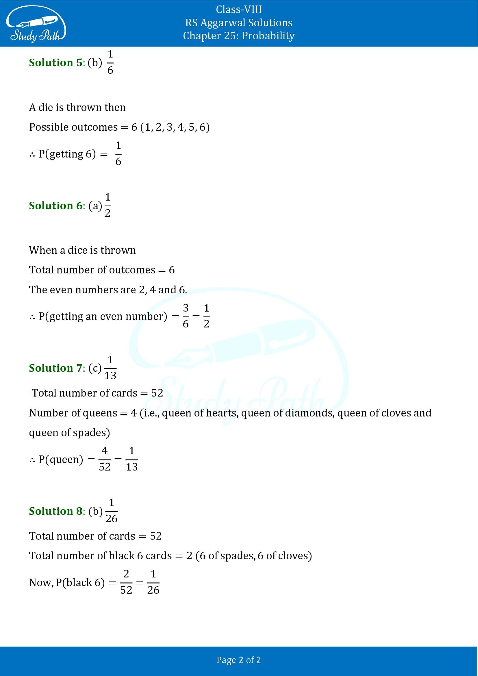 RS Aggarwal Solutions Class 8 Chapter 25 Probability Exercise 25B MCQs 00002