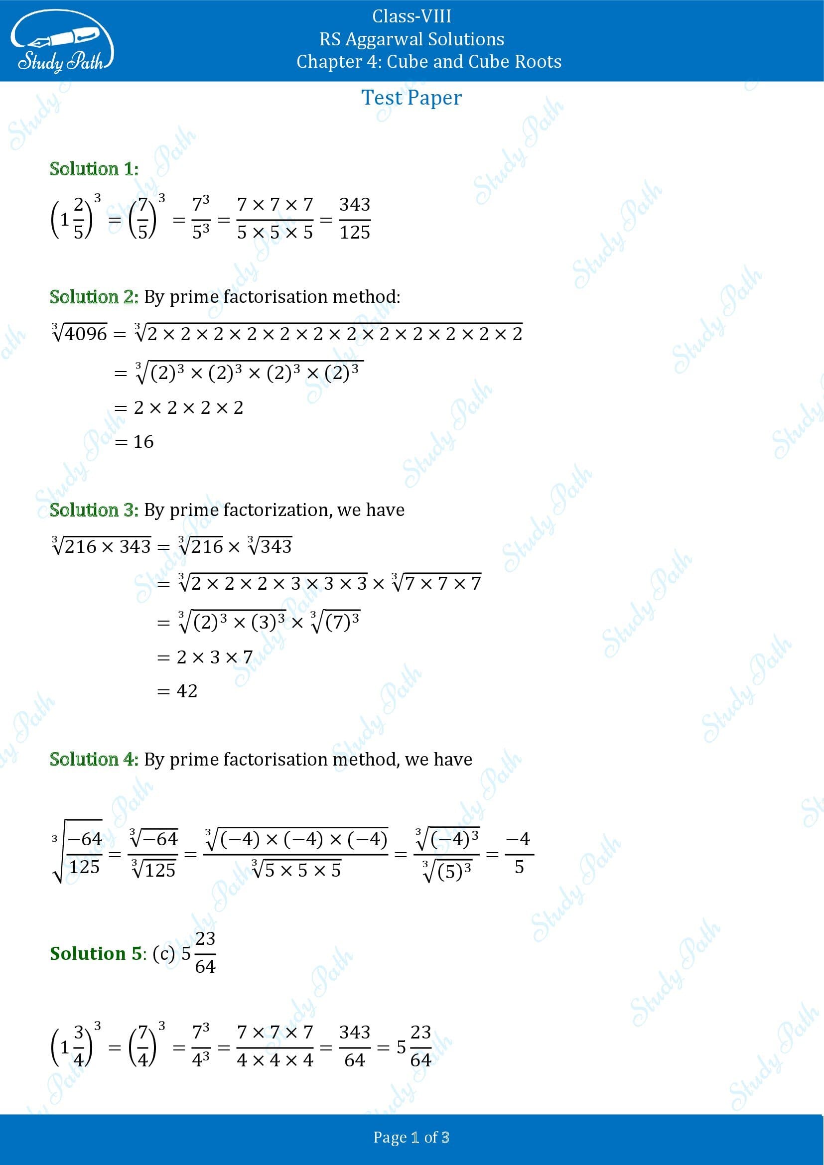 RS Aggarwal Solutions Class 8 Chapter 4 Cube and Cube Roots Test Paper 0001