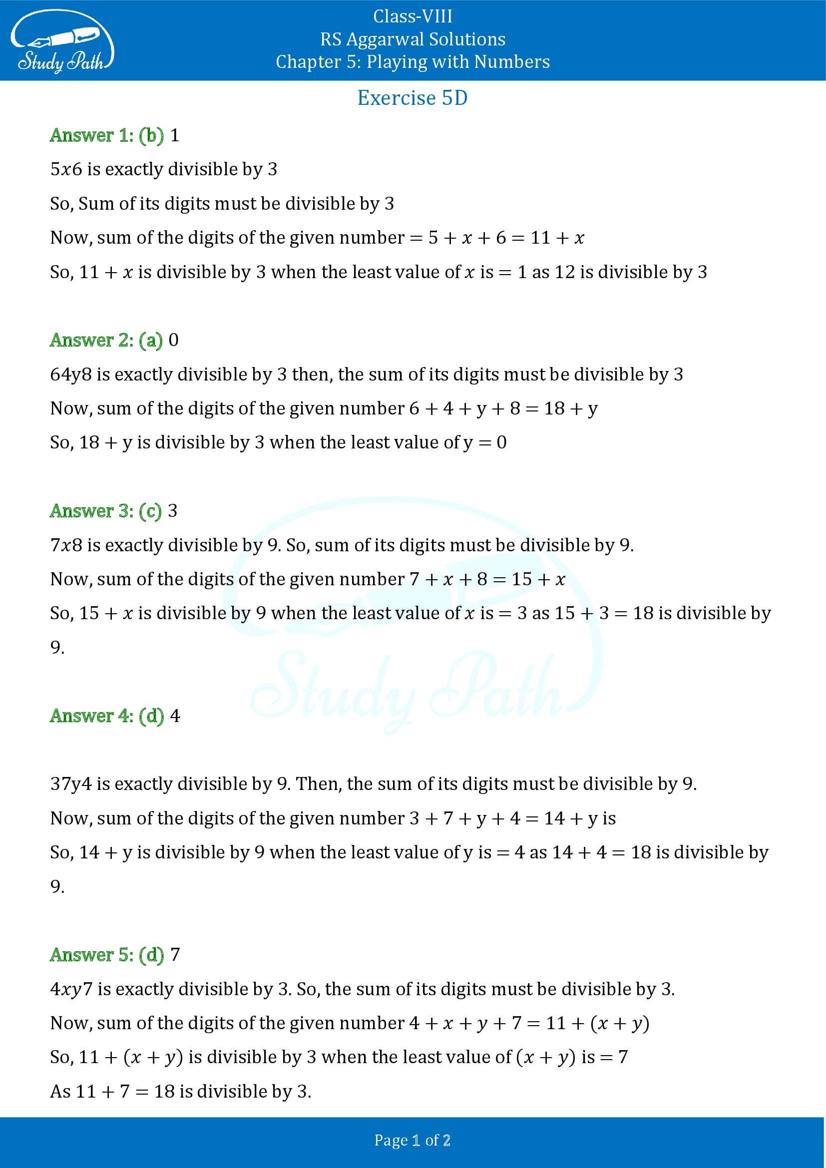 RS Aggarwal Solutions Class 8 Chapter 5 Playing with Numbers Exercise 5D MCQs 0001