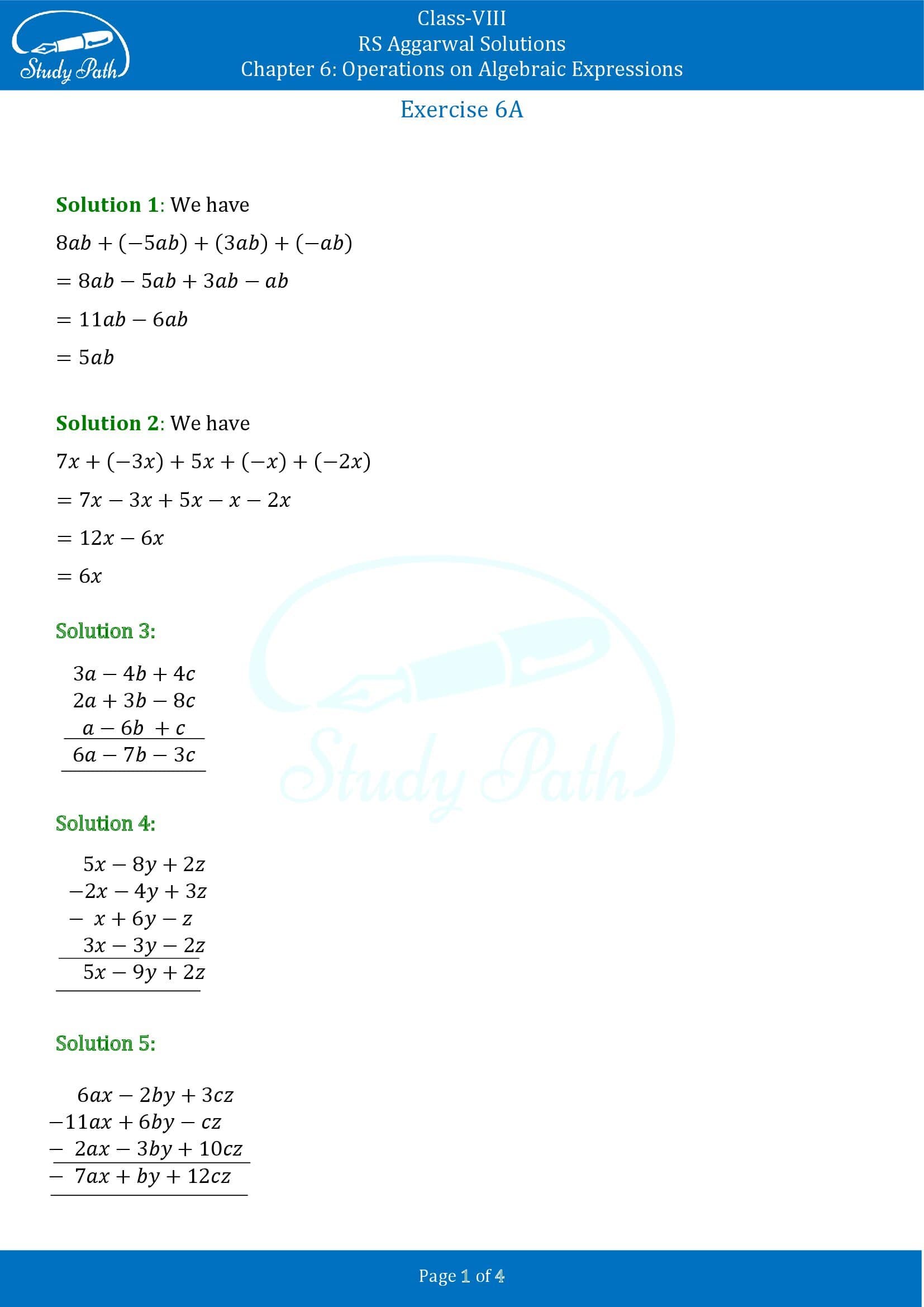 RS Aggarwal Solutions Class 8 Chapter 6 Operations on Algebraic Expressions Exercise 6A 001