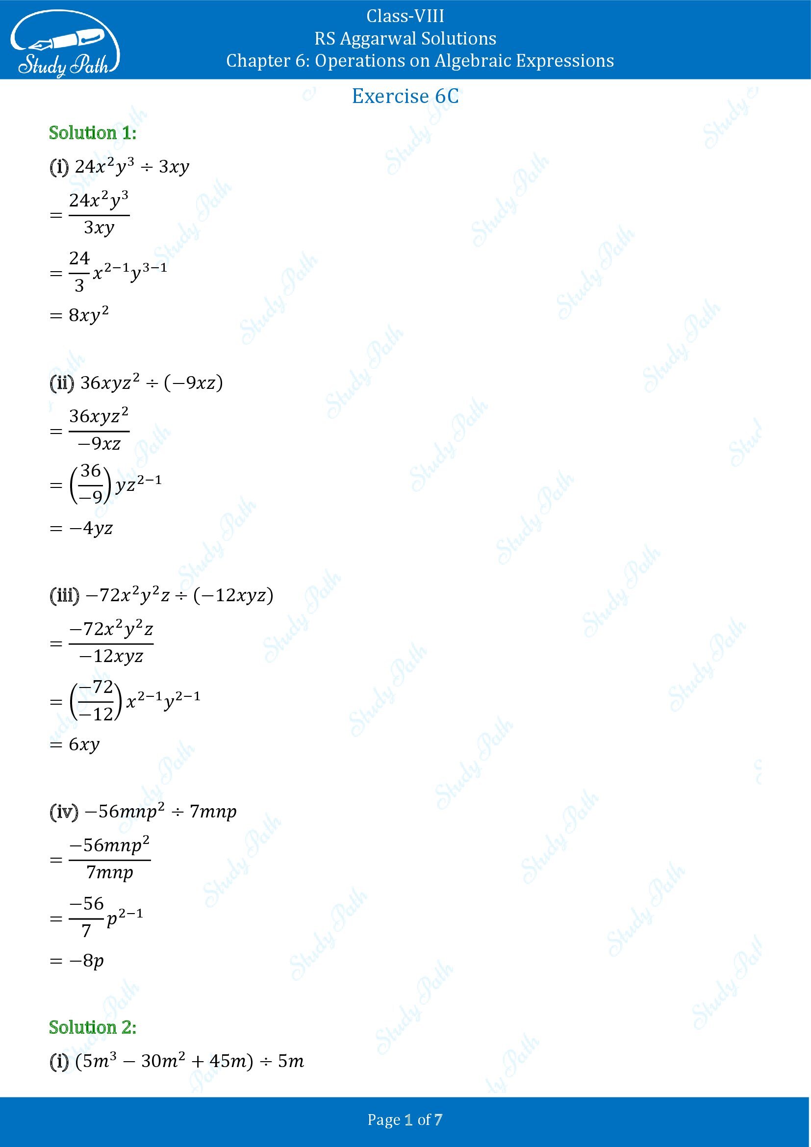 RS Aggarwal Solutions Class 8 Chapter 6 Operations on Algebraic Expressions Exercise 6C 00001
