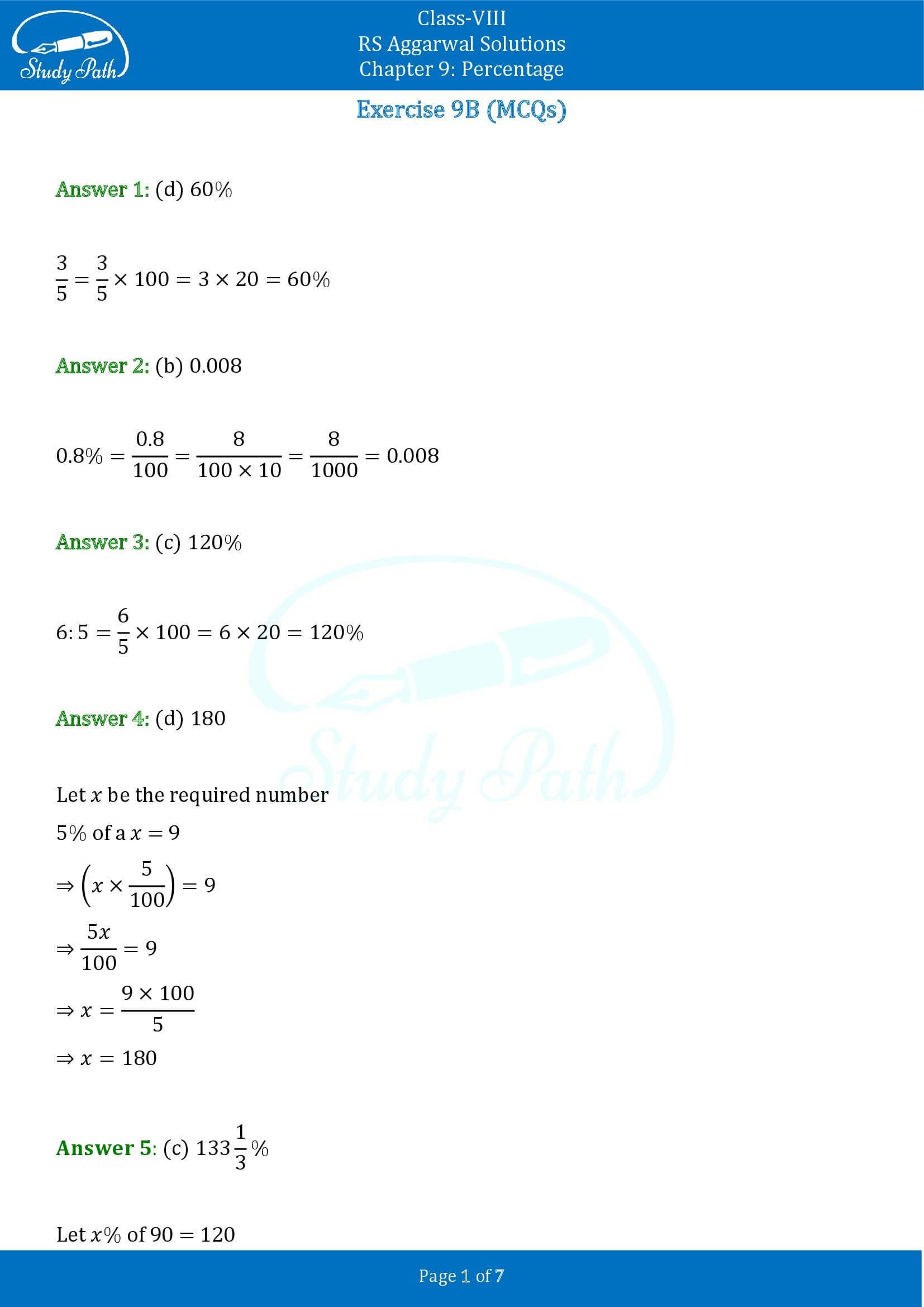 RS Aggarwal Solutions Class 8 Chapter 9 Percentage Exercise 9B MCQs 0001