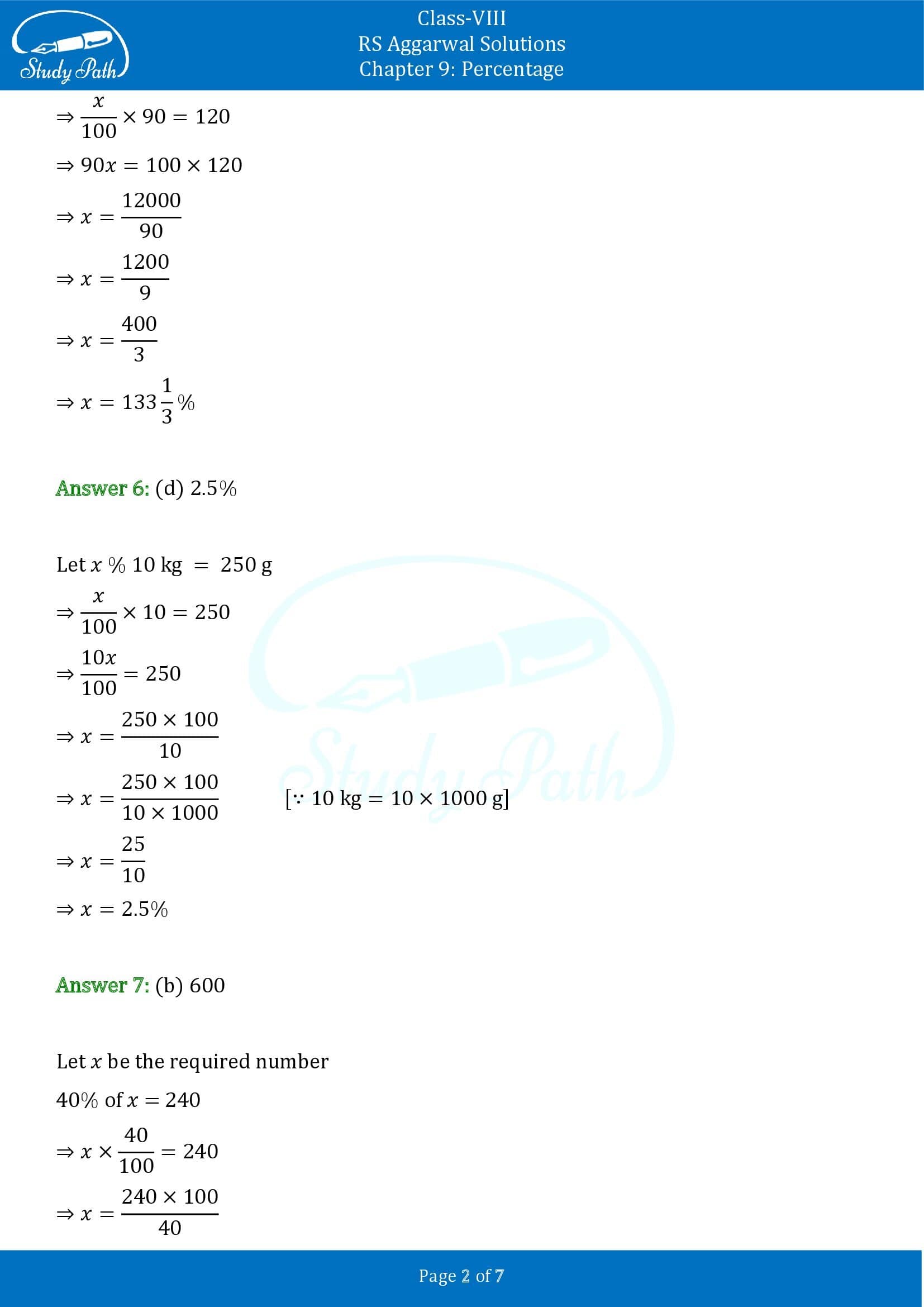 RS Aggarwal Solutions Class 8 Chapter 9 Percentage Exercise 9B MCQs 0002