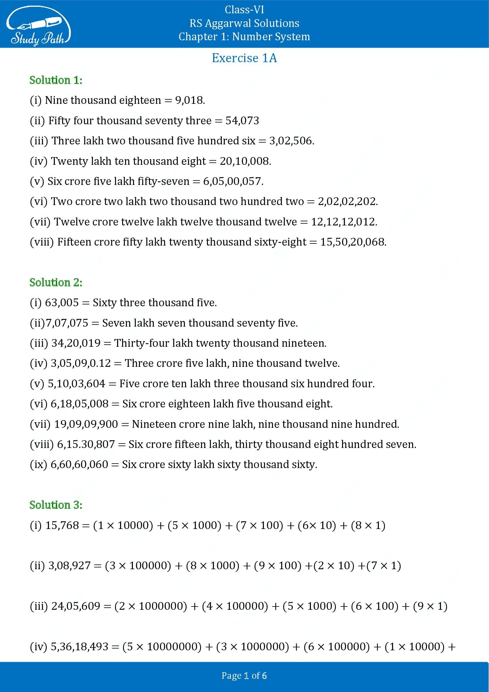 RS Aggarwal Solutions Class 6 Chapter 1 Number System Exercise 1A 00001