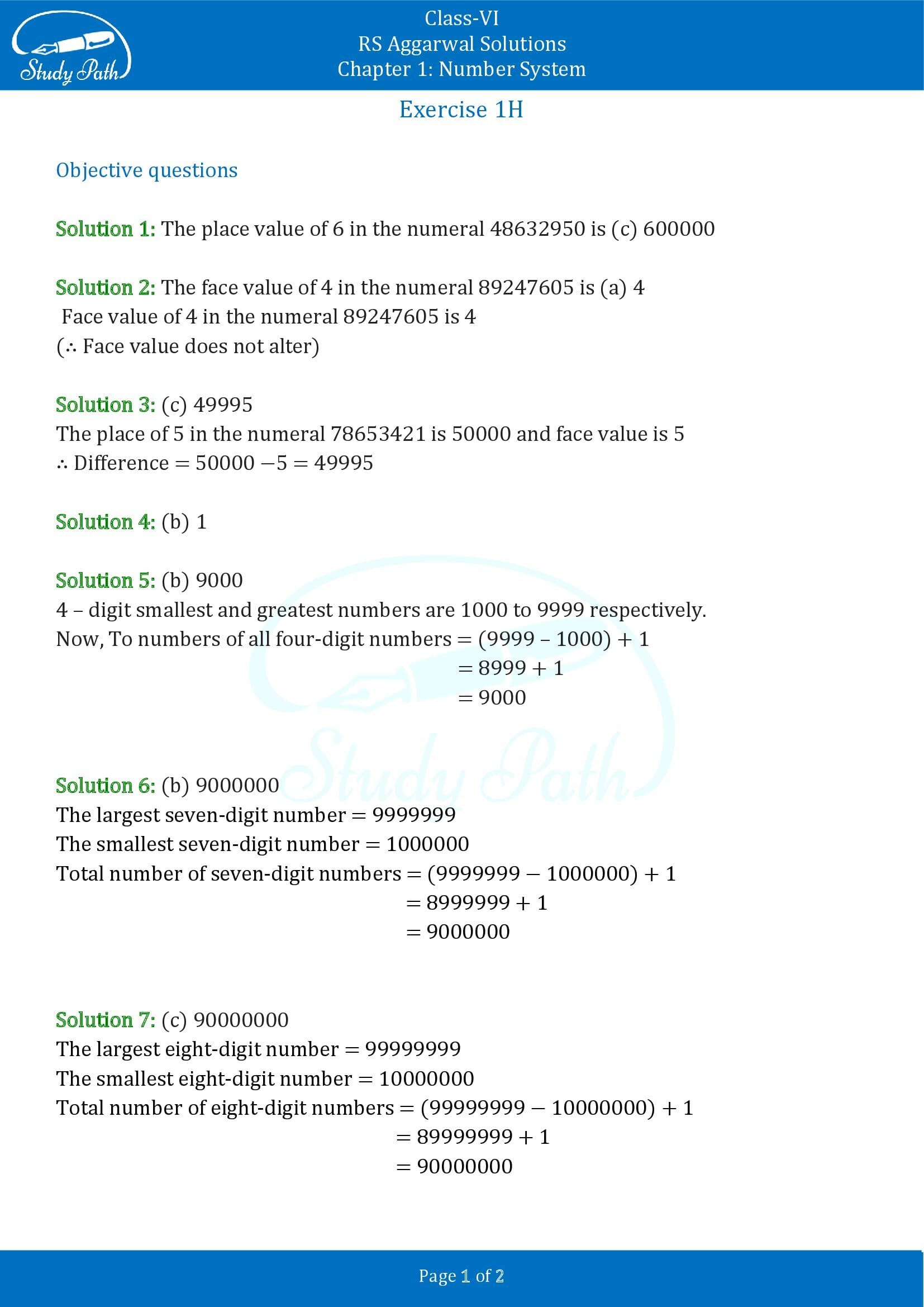RS Aggarwal Solutions Class 6 Chapter 1 Number System Exercise 1H MCQ 00001