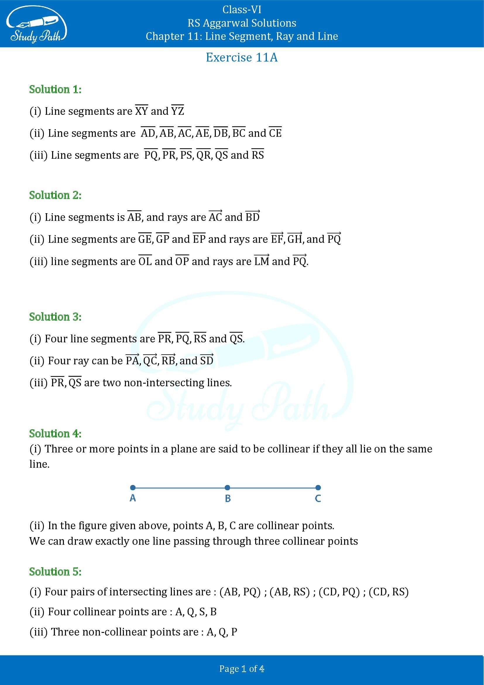 RS Aggarwal Solutions Class 6 Chapter 11 Line Segment Ray and Line Exercise 11A 0001