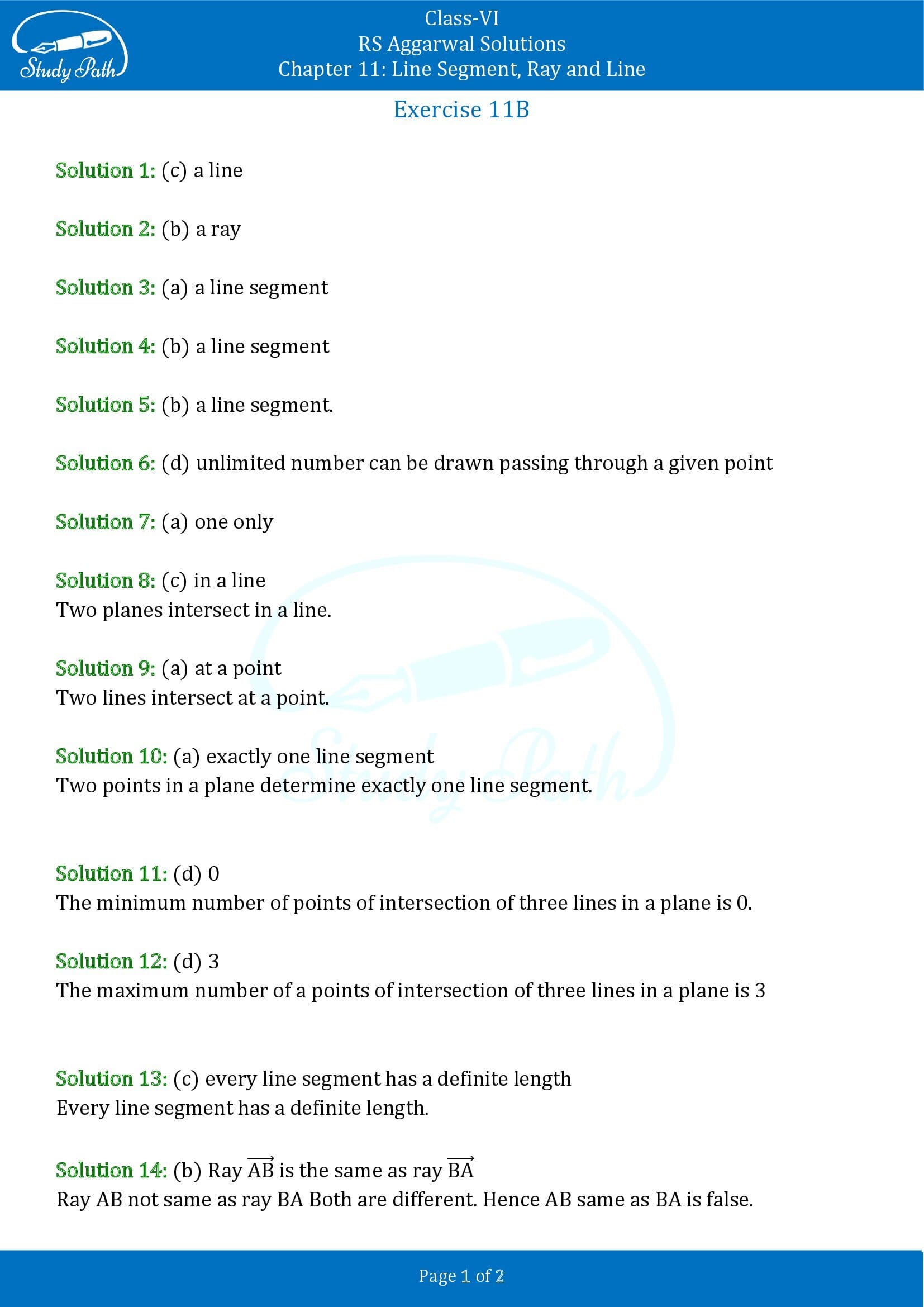 RS Aggarwal Solutions Class 6 Chapter 11 Line Segment Ray and Line Exercise 11B MCQs 0001