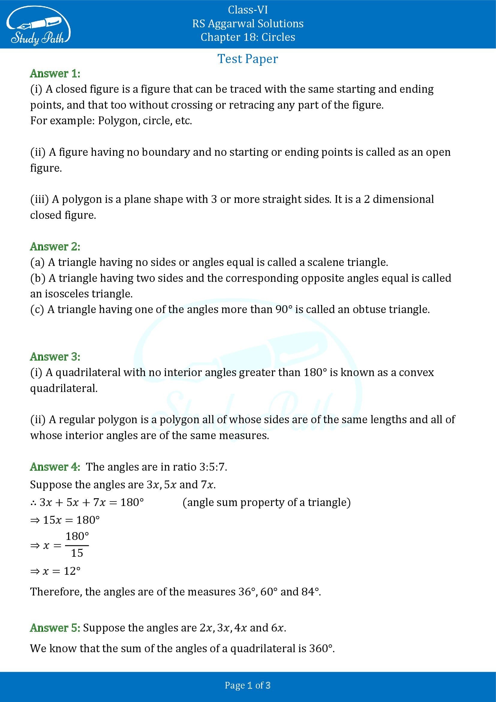 RS Aggarwal Solutions Class 6 Chapter 18 Circles Test Paper 0001