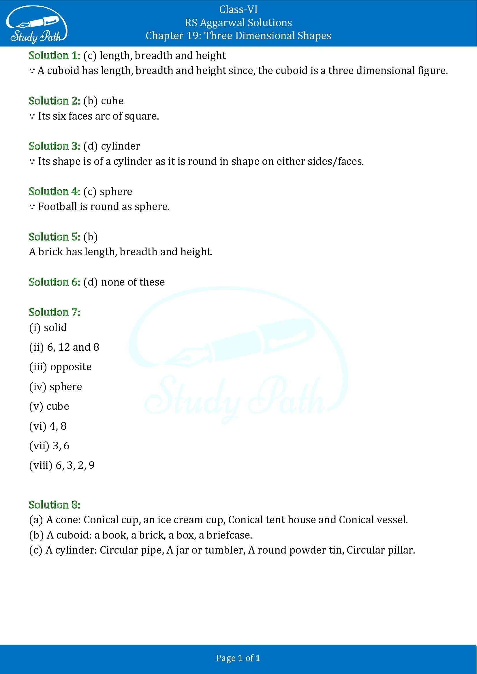 RS Aggarwal Solutions Class 6 Chapter 19 Three Dimensional Shapes