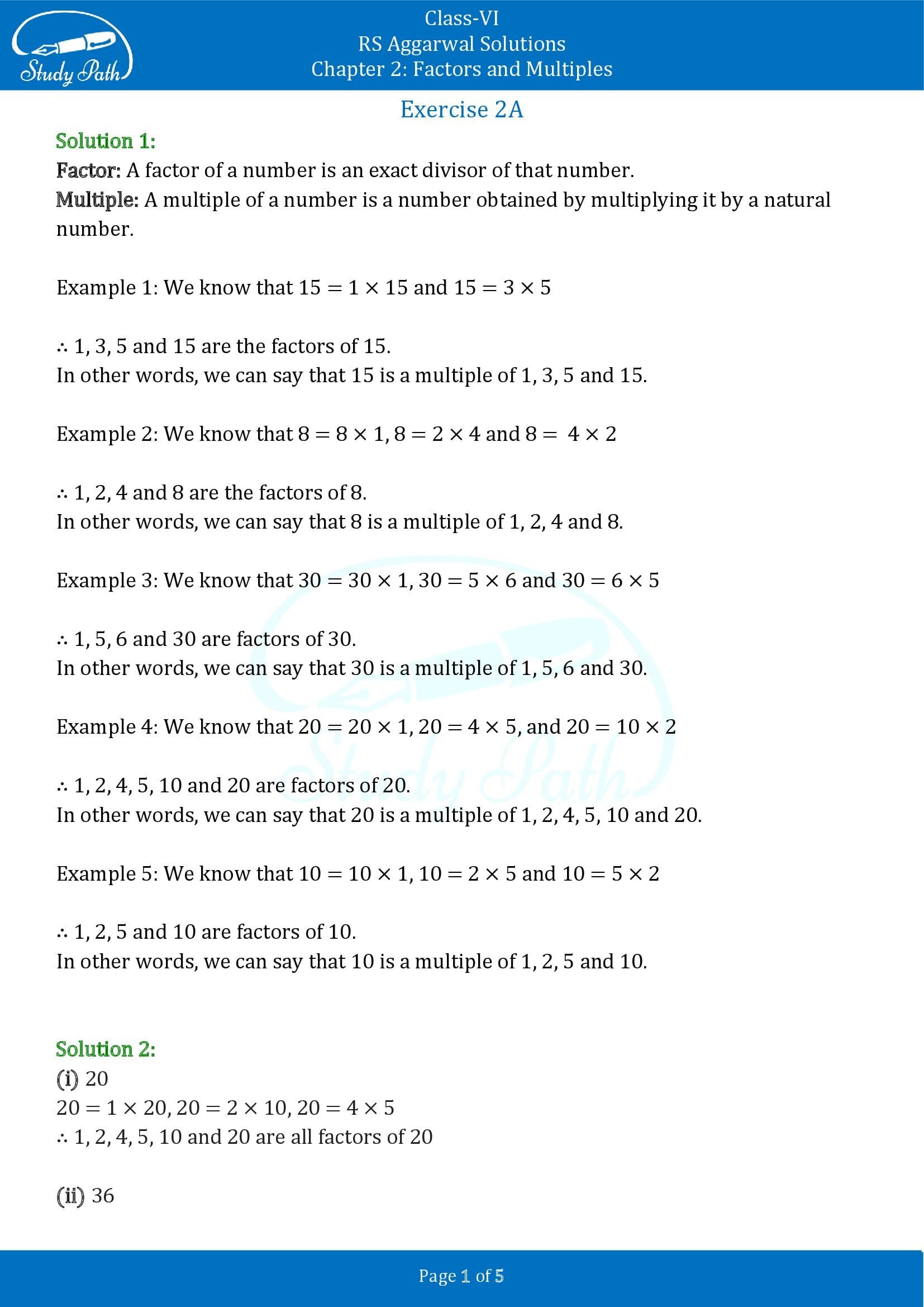 RS Aggarwal Solutions Class 6 Chapter 2 Factors and Multiples Exercise 2A 00001