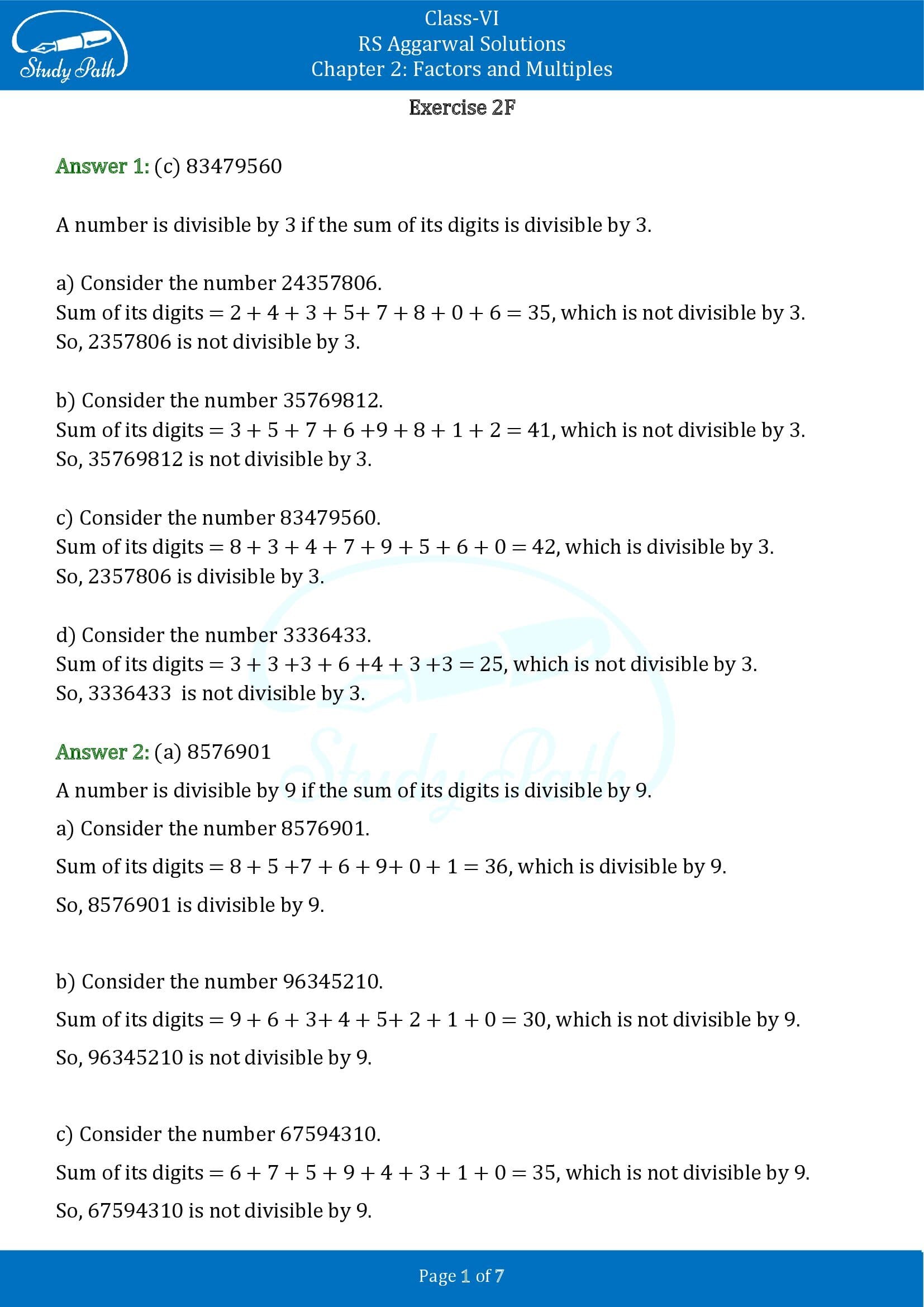 RS Aggarwal Solutions Class 6 Chapter 2 Factors and Multiples Exercise 2F MCQ 00001