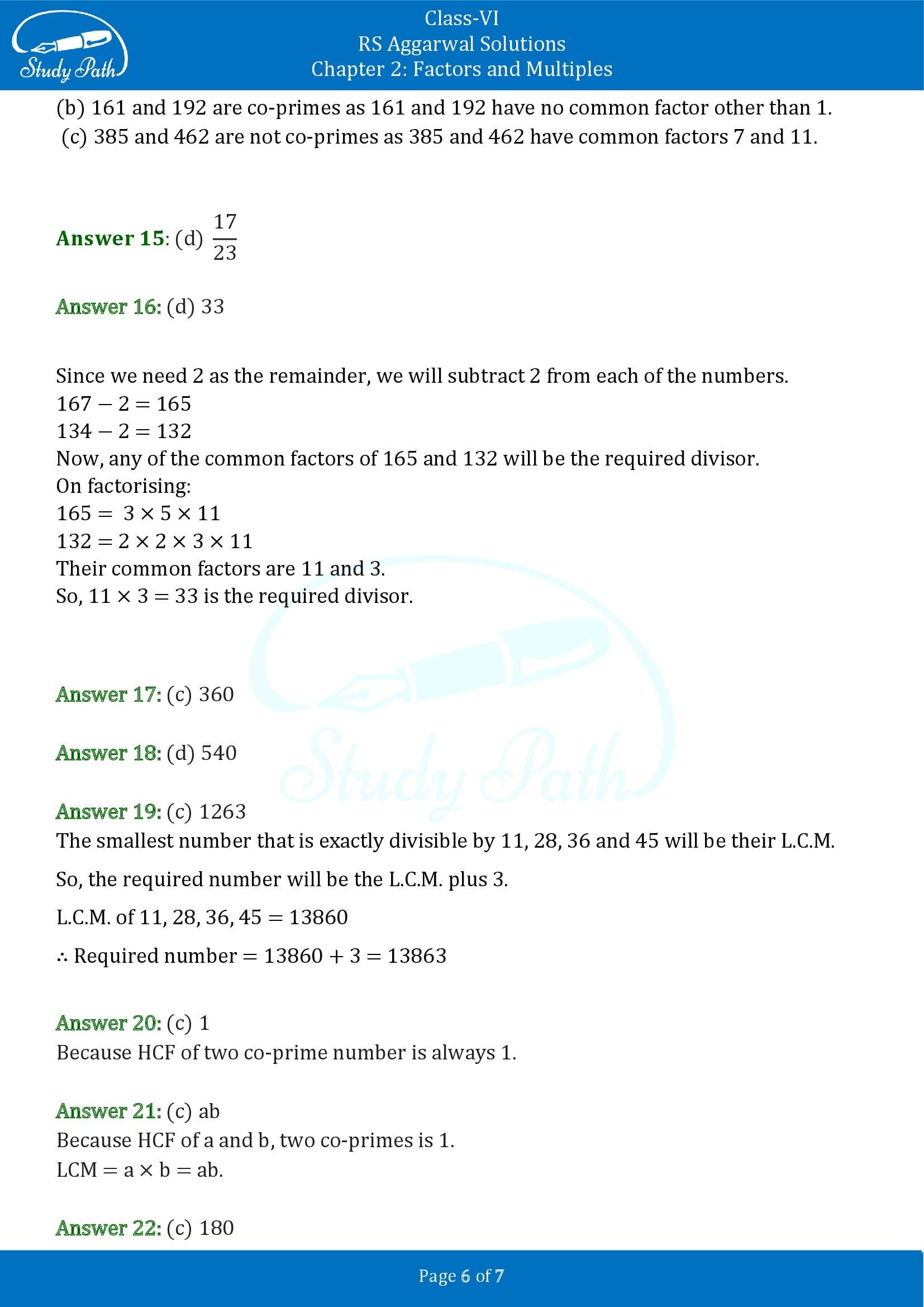 RS Aggarwal Solutions Class 6 Chapter 2 Factors and Multiples Exercise 2F MCQ 00006