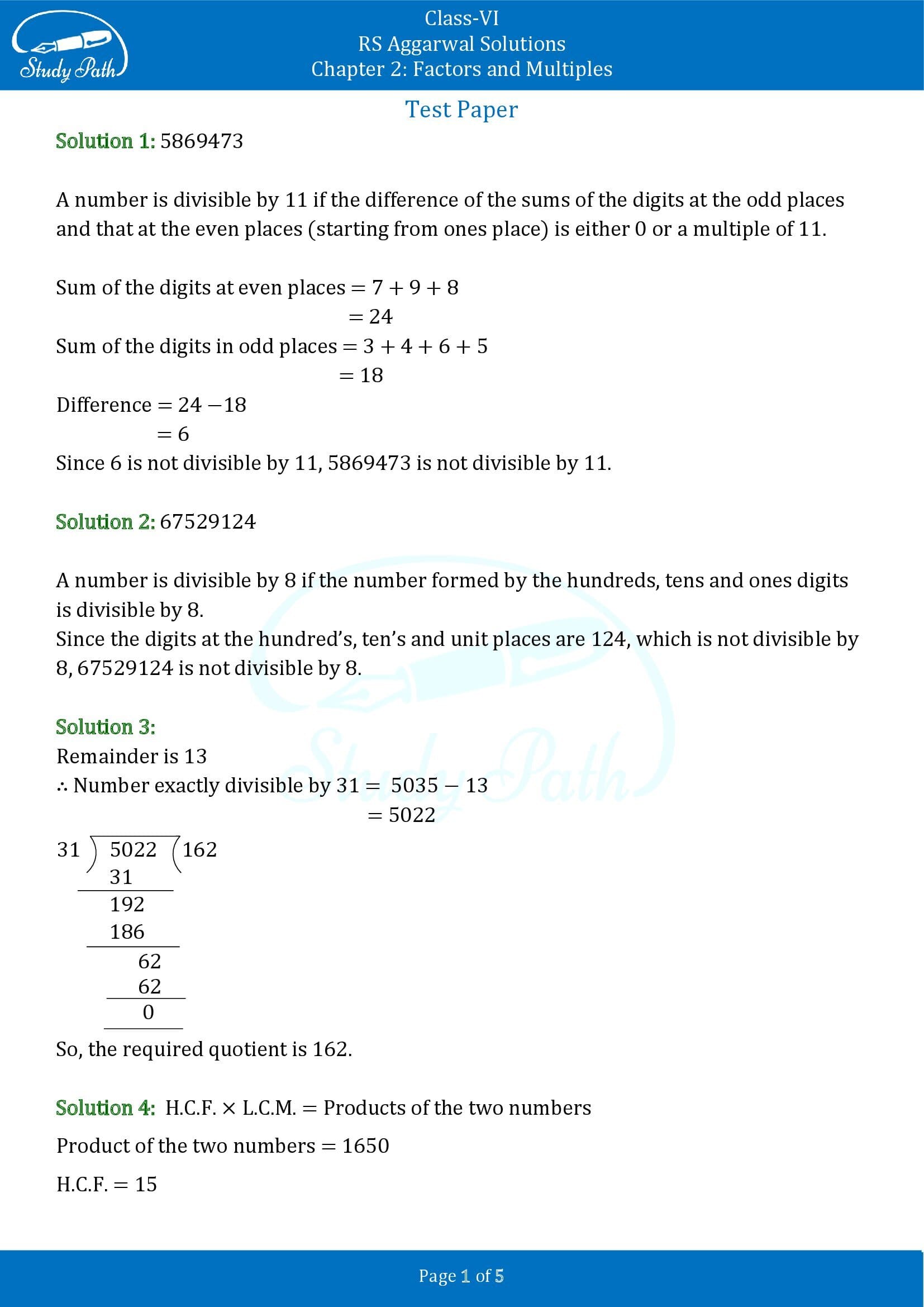 RS Aggarwal Solutions Class 6 Chapter 2 Factors and Multiples Test Paper 00001