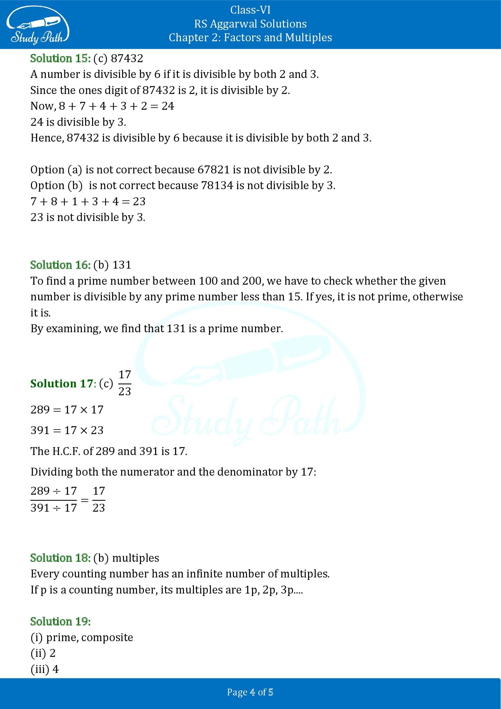 RS Aggarwal Solutions Class 6 Chapter 2 Factors and Multiples Test Paper 00004