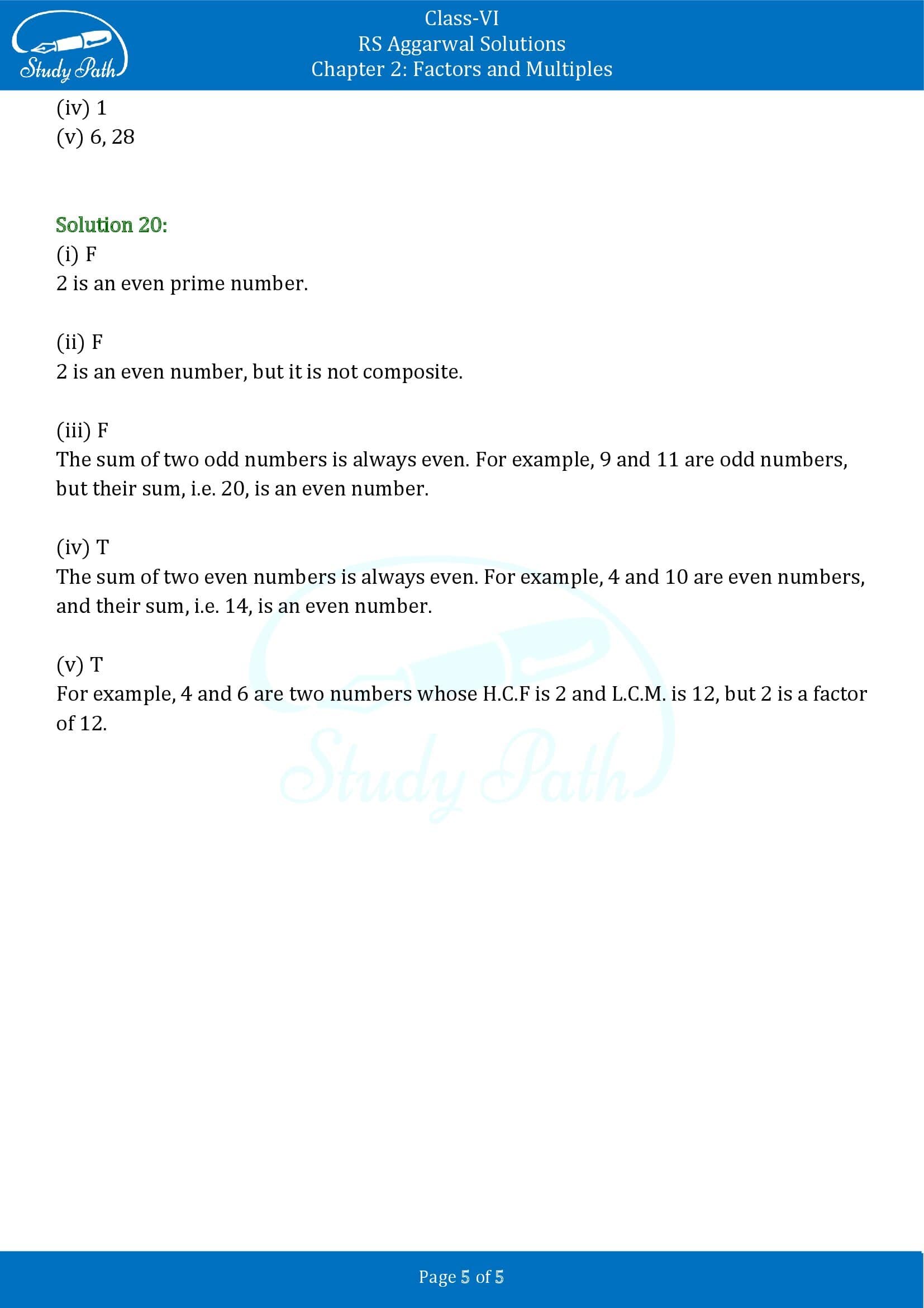 RS Aggarwal Solutions Class 6 Chapter 2 Factors and Multiples Test Paper 00005