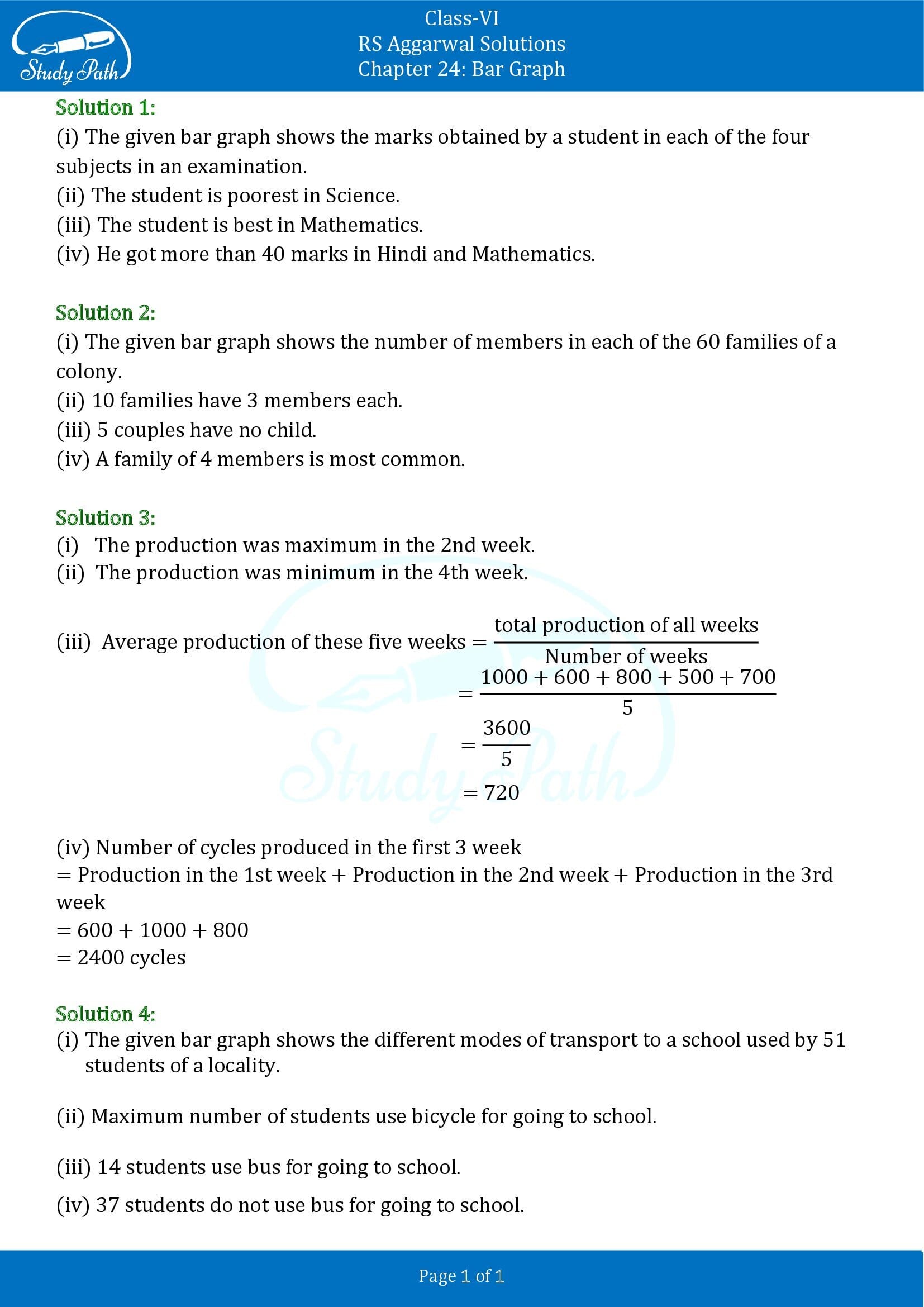 RS Aggarwal Solutions Class 6 Chapter 24 Bar Graph