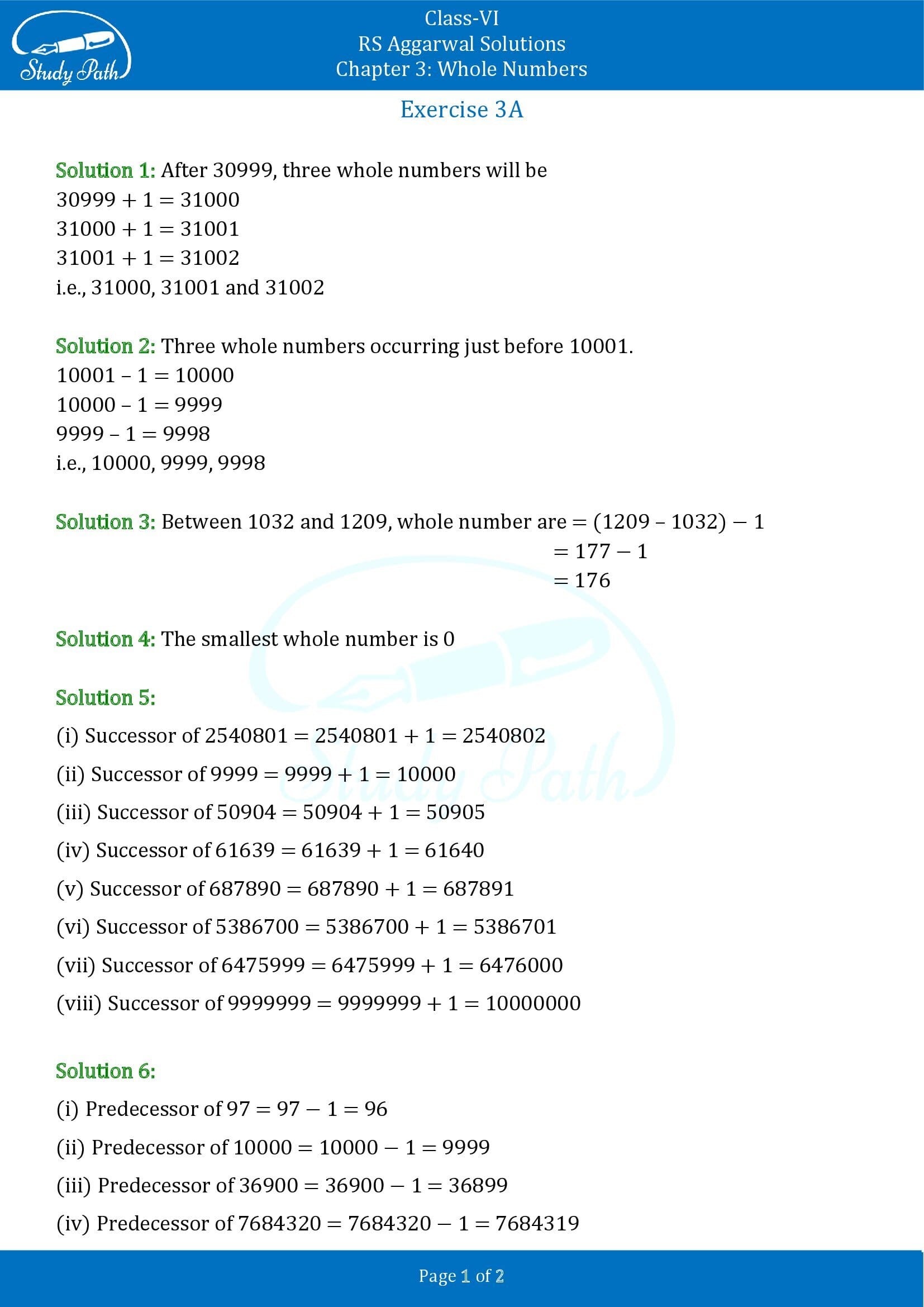 RS Aggarwal Solutions Class 6 Chapter 3 Whole Numbers Exercise 3A 00001