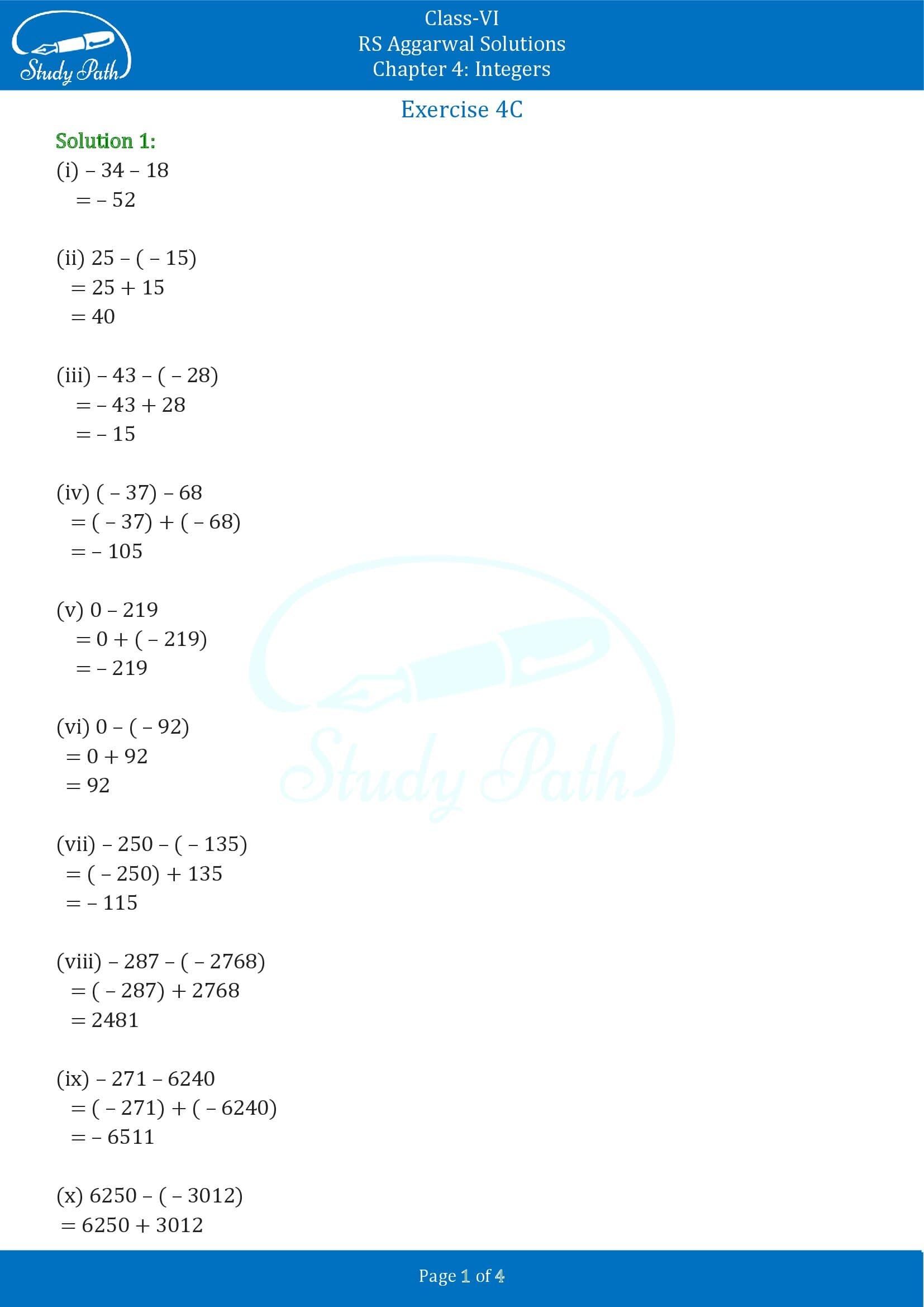 RS Aggarwal Solutions Class 6 Chapter 4 Integers Exercise 4C 0001