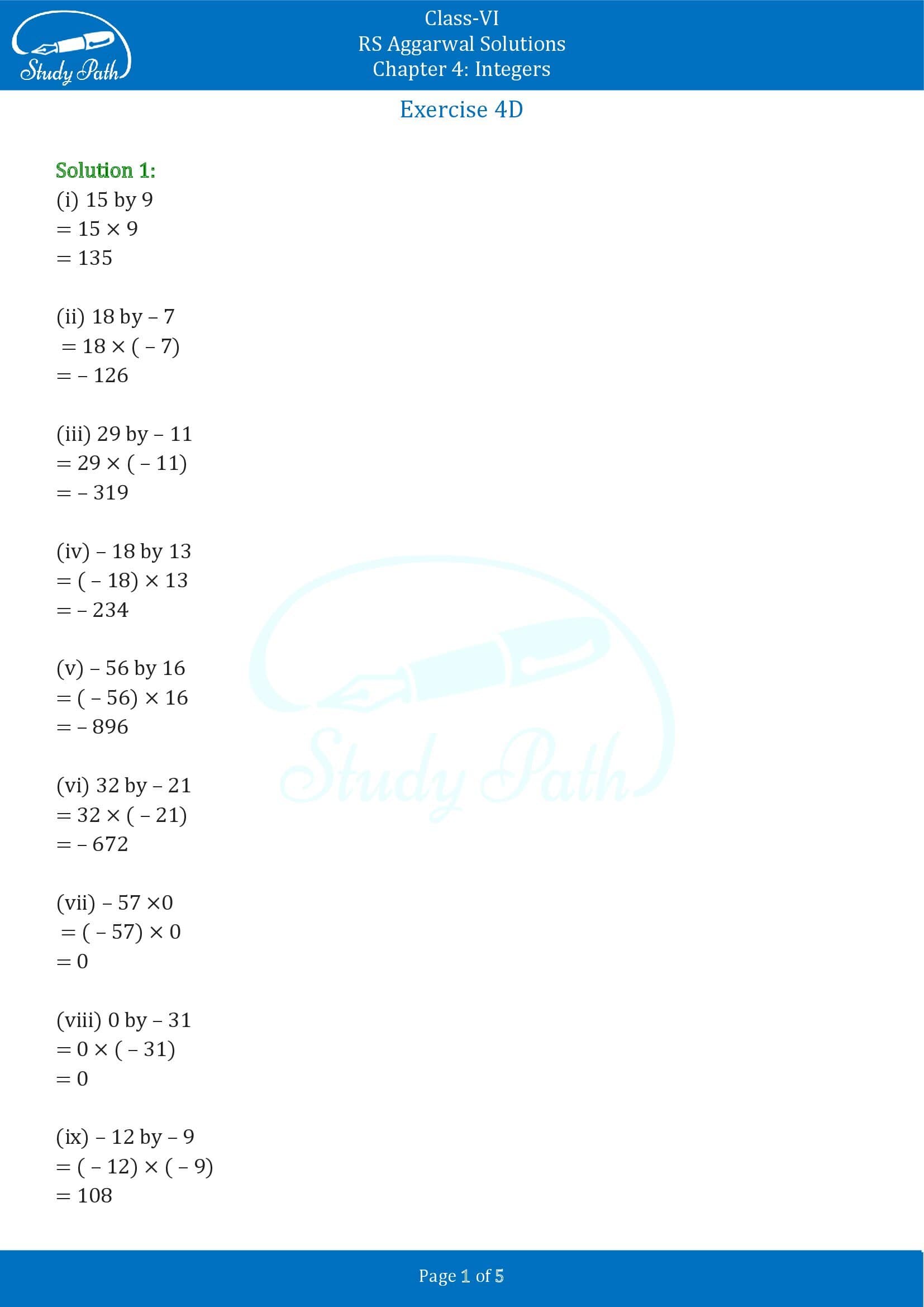 RS Aggarwal Solutions Class 6 Chapter 4 Integers Exercise 4D 00001