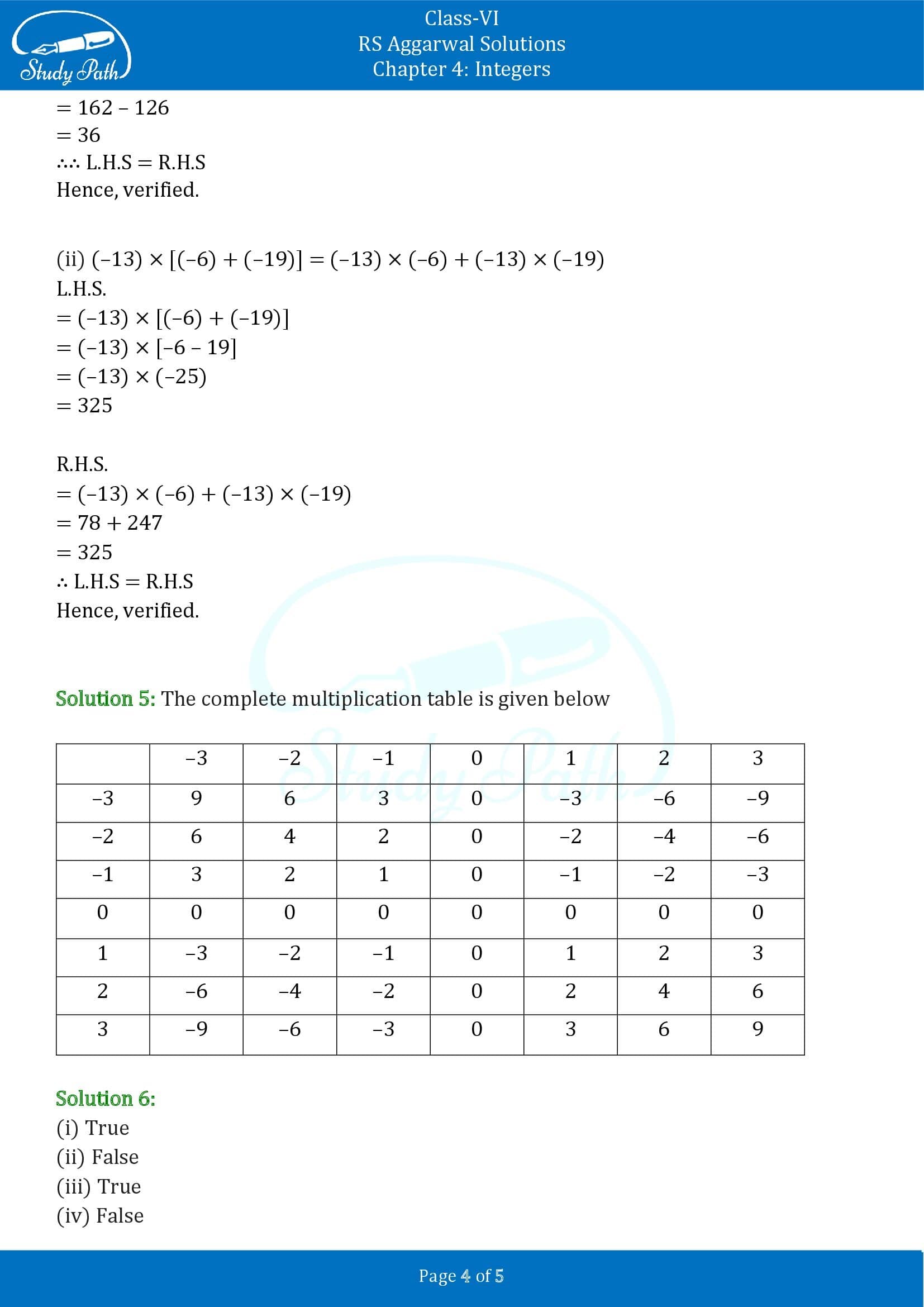 RS Aggarwal Solutions Class 6 Chapter 4 Integers Exercise 4D 00004