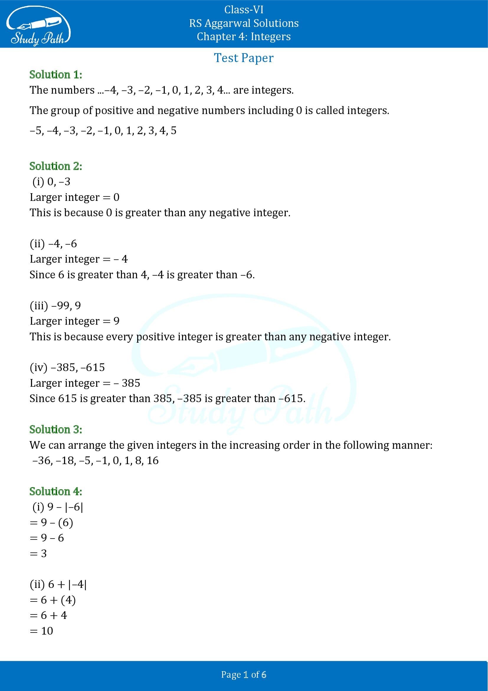 RS Aggarwal Solutions Class 6 Chapter 4 Integers Test Paper 00001