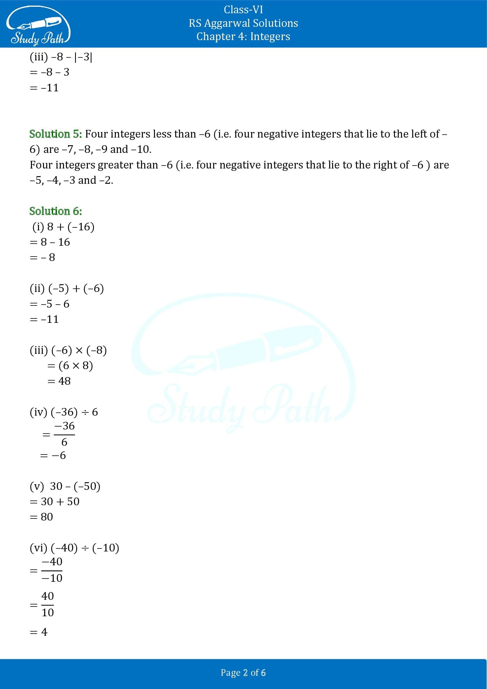 RS Aggarwal Solutions Class 6 Chapter 4 Integers Test Paper 00002