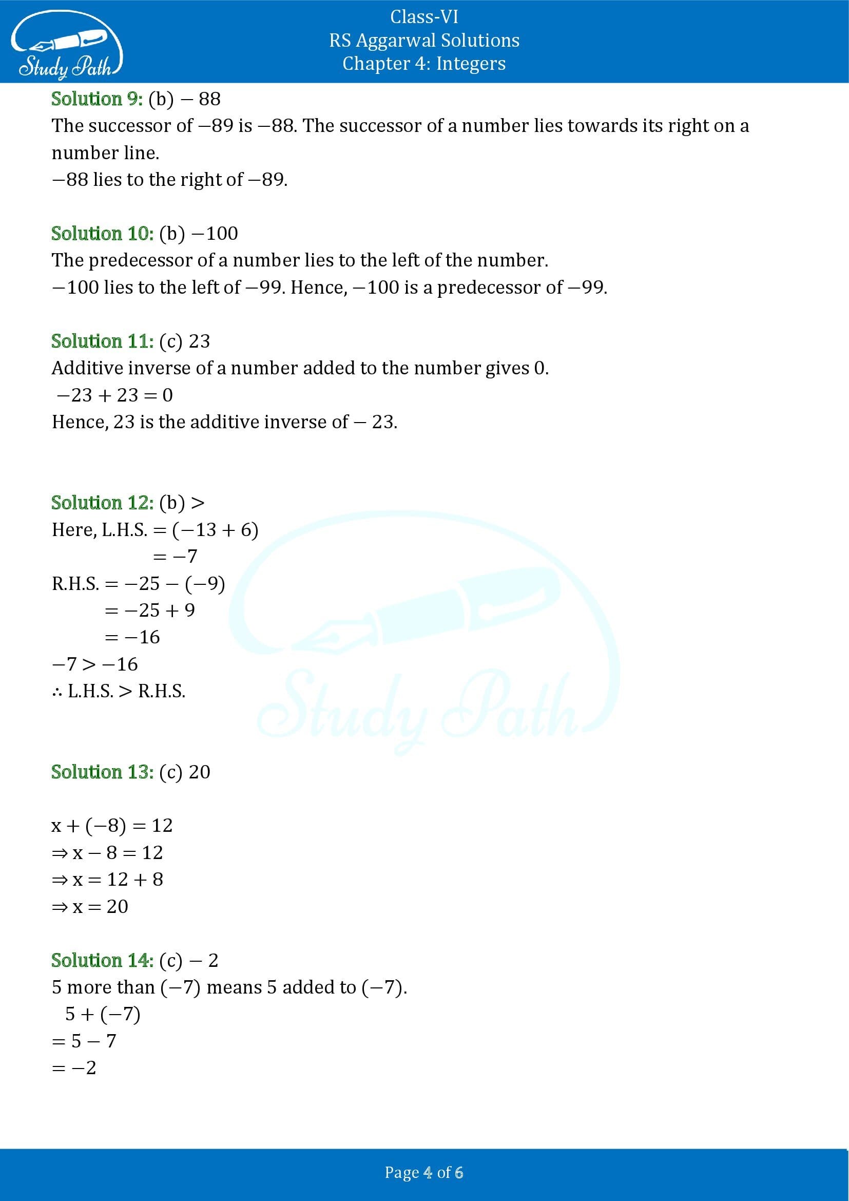 RS Aggarwal Solutions Class 6 Chapter 4 Integers Test Paper 00004