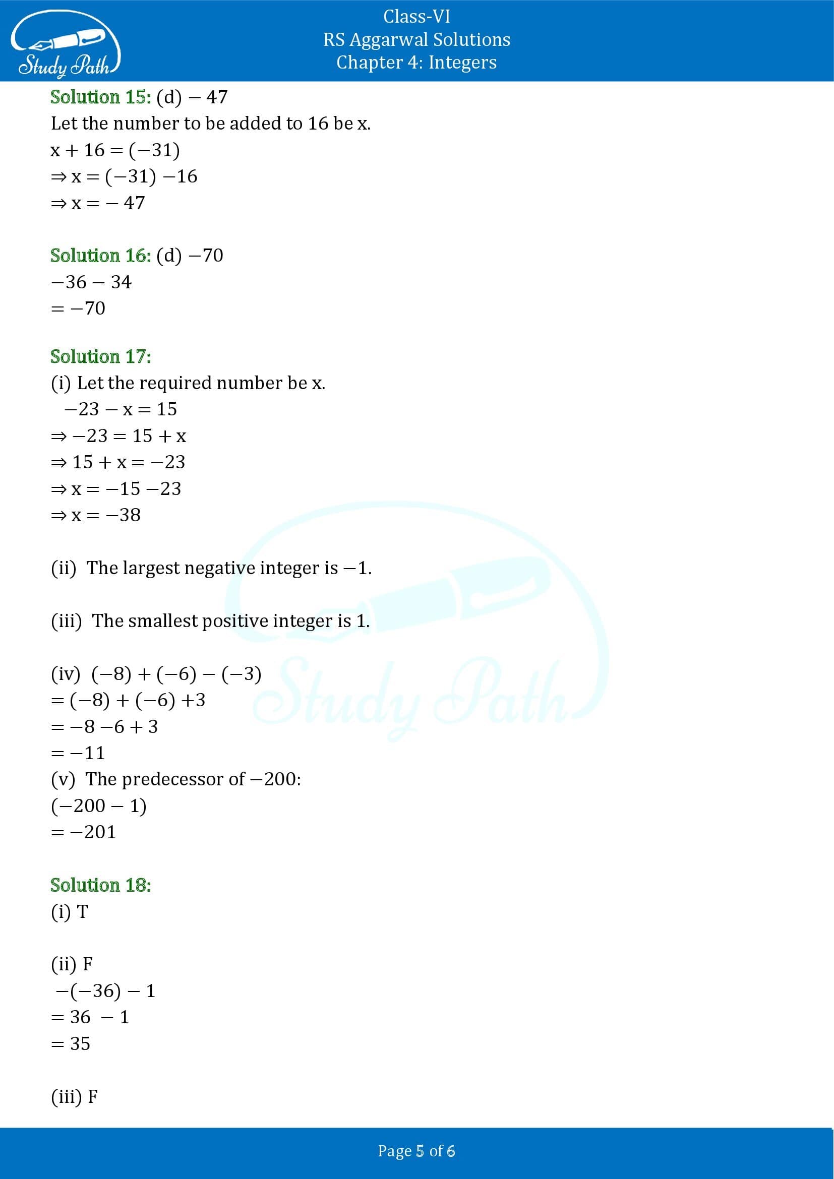 RS Aggarwal Solutions Class 6 Chapter 4 Integers Test Paper 00005
