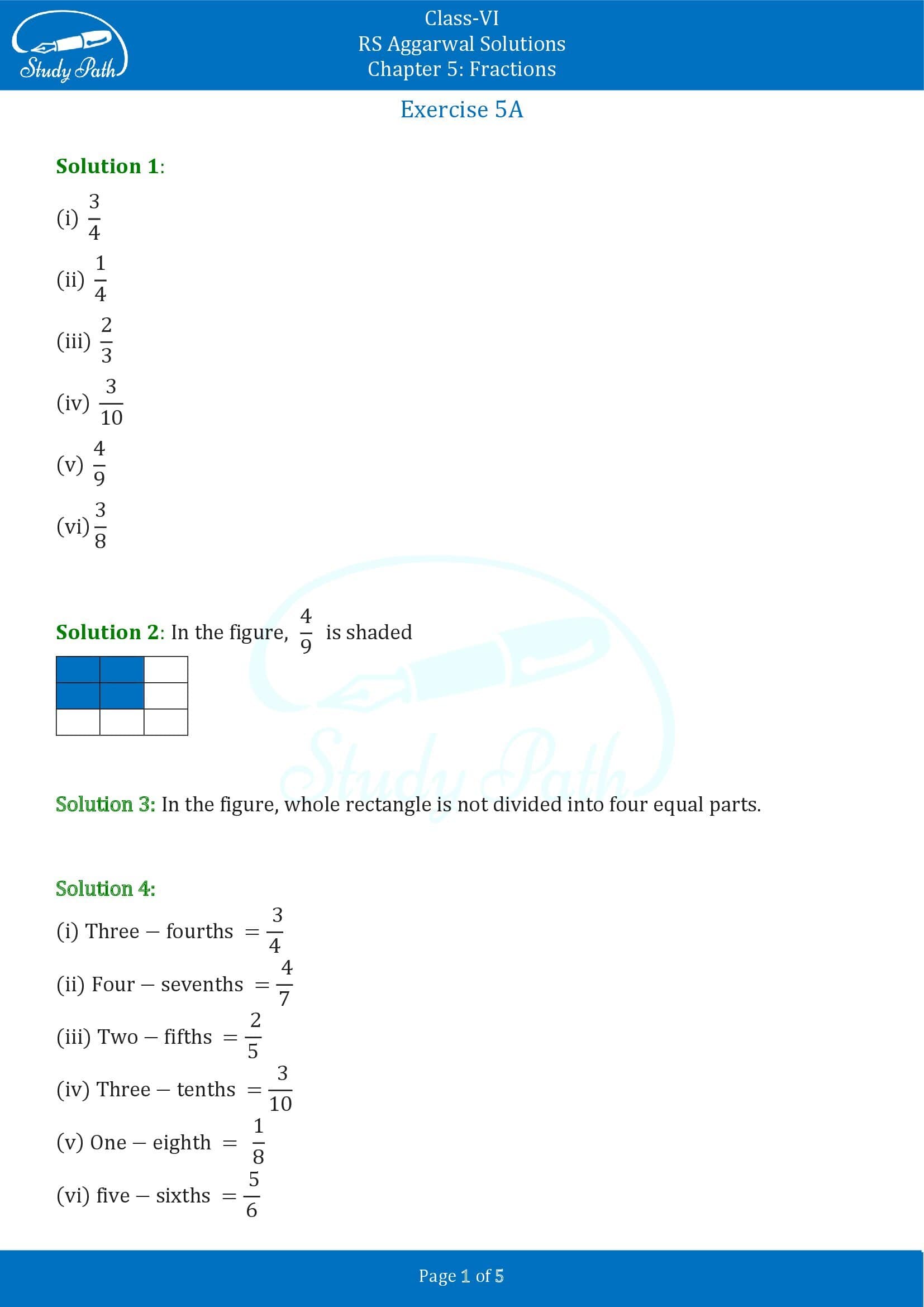RS Aggarwal Solutions Class 6 Chapter 5 Fractions Exercise 5A 0001