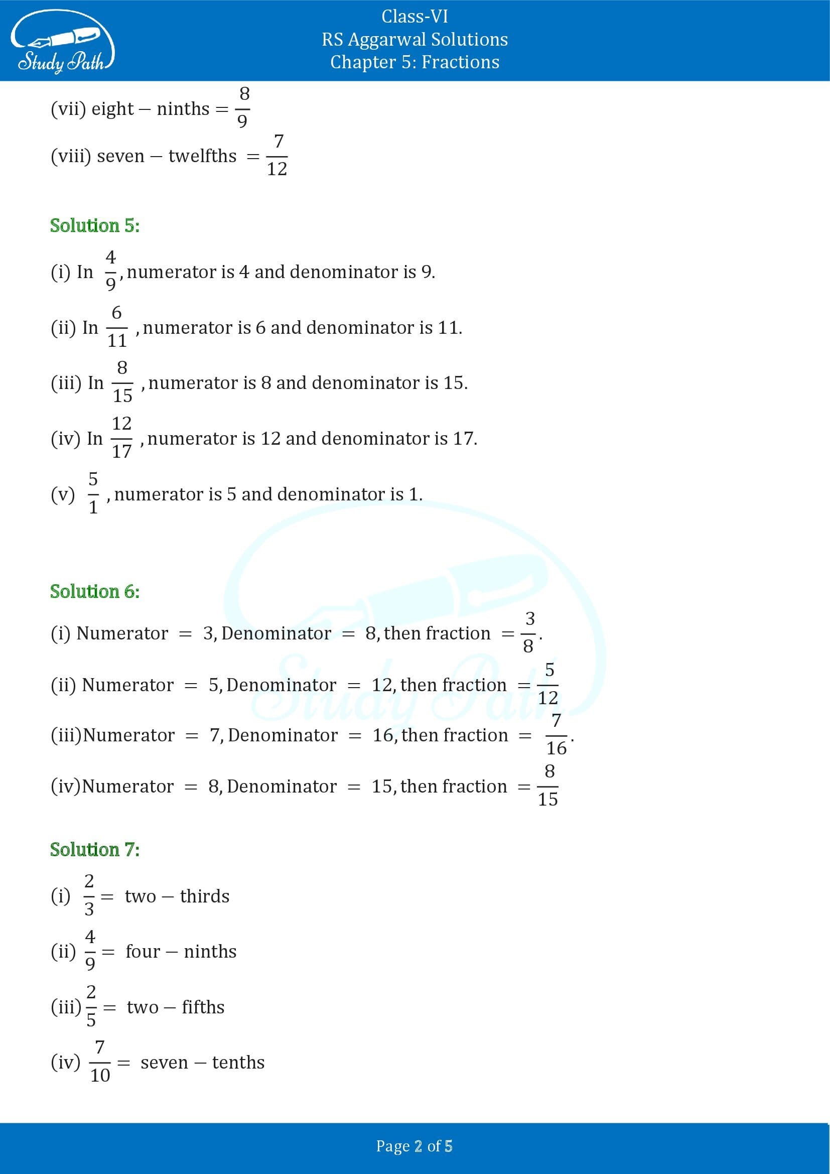 RS Aggarwal Solutions Class 6 Chapter 5 Fractions Exercise 5A 0002