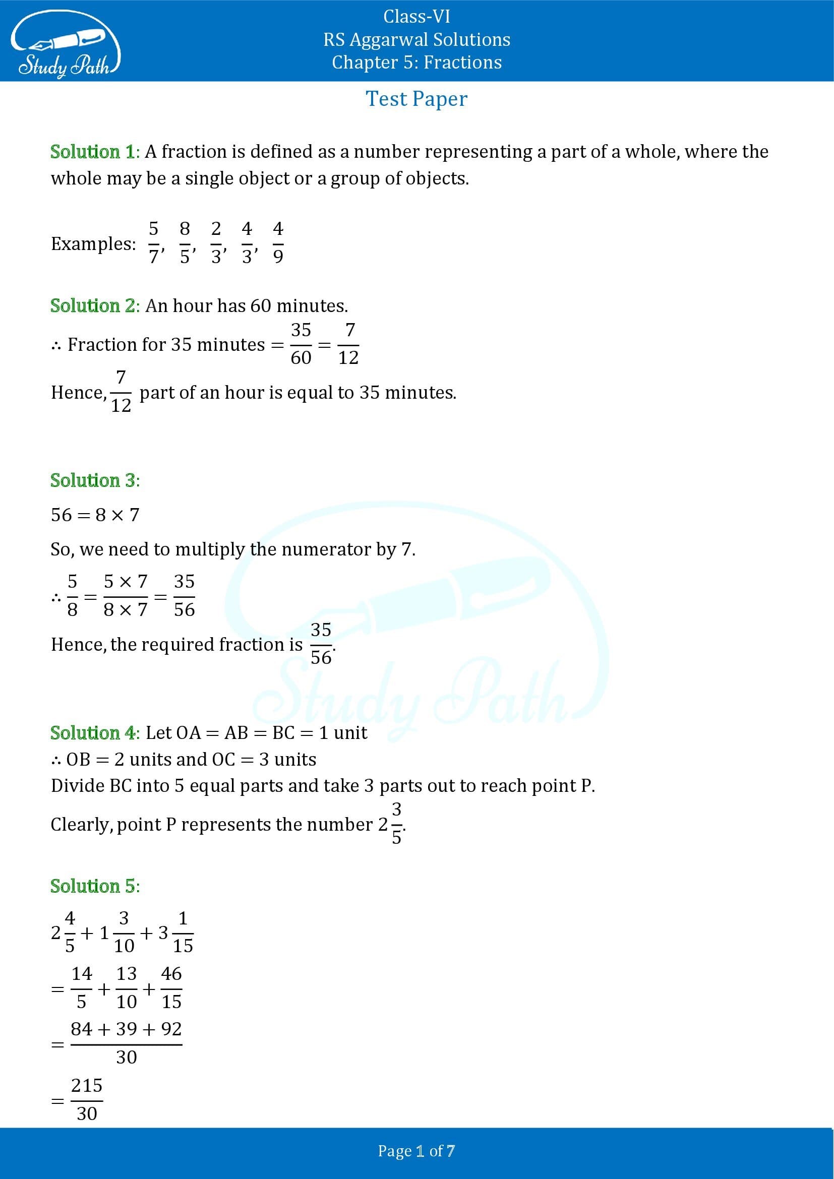 RS Aggarwal Solutions Class 6 Chapter 5 Fractions Test Paper 00001