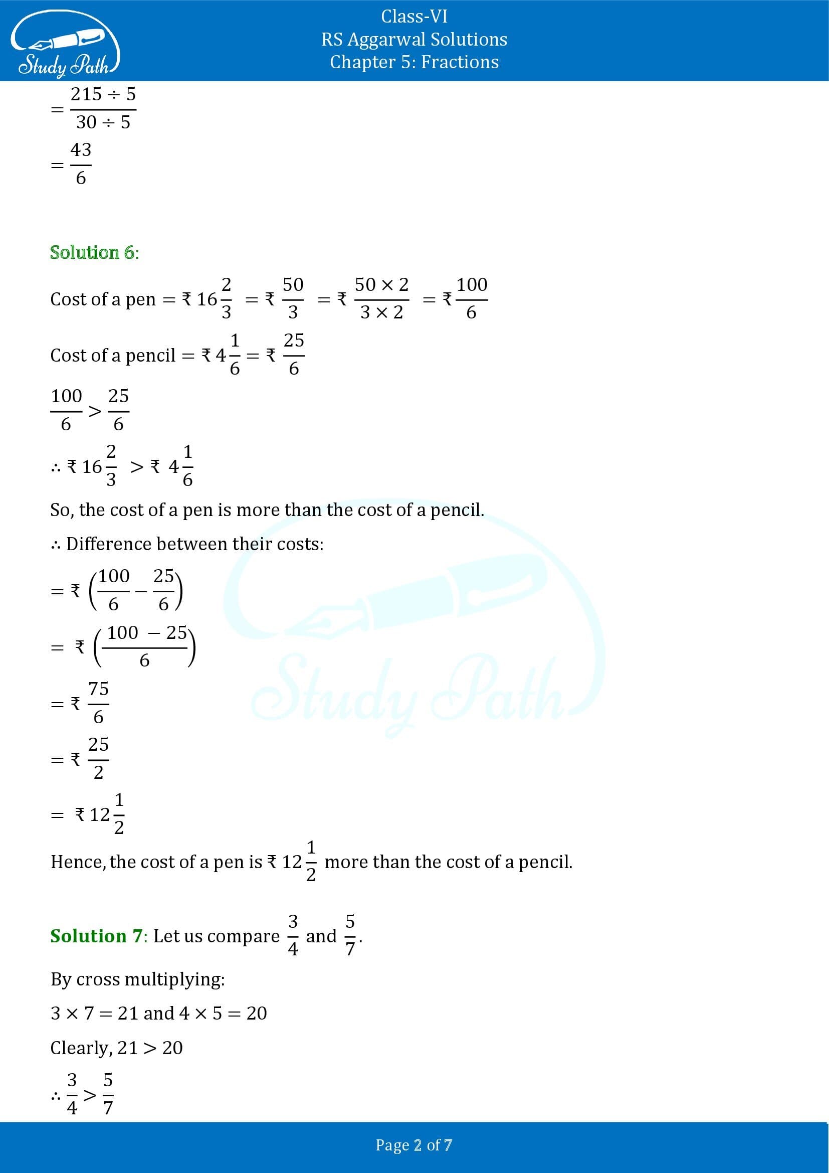 RS Aggarwal Solutions Class 6 Chapter 5 Fractions Test Paper 00002