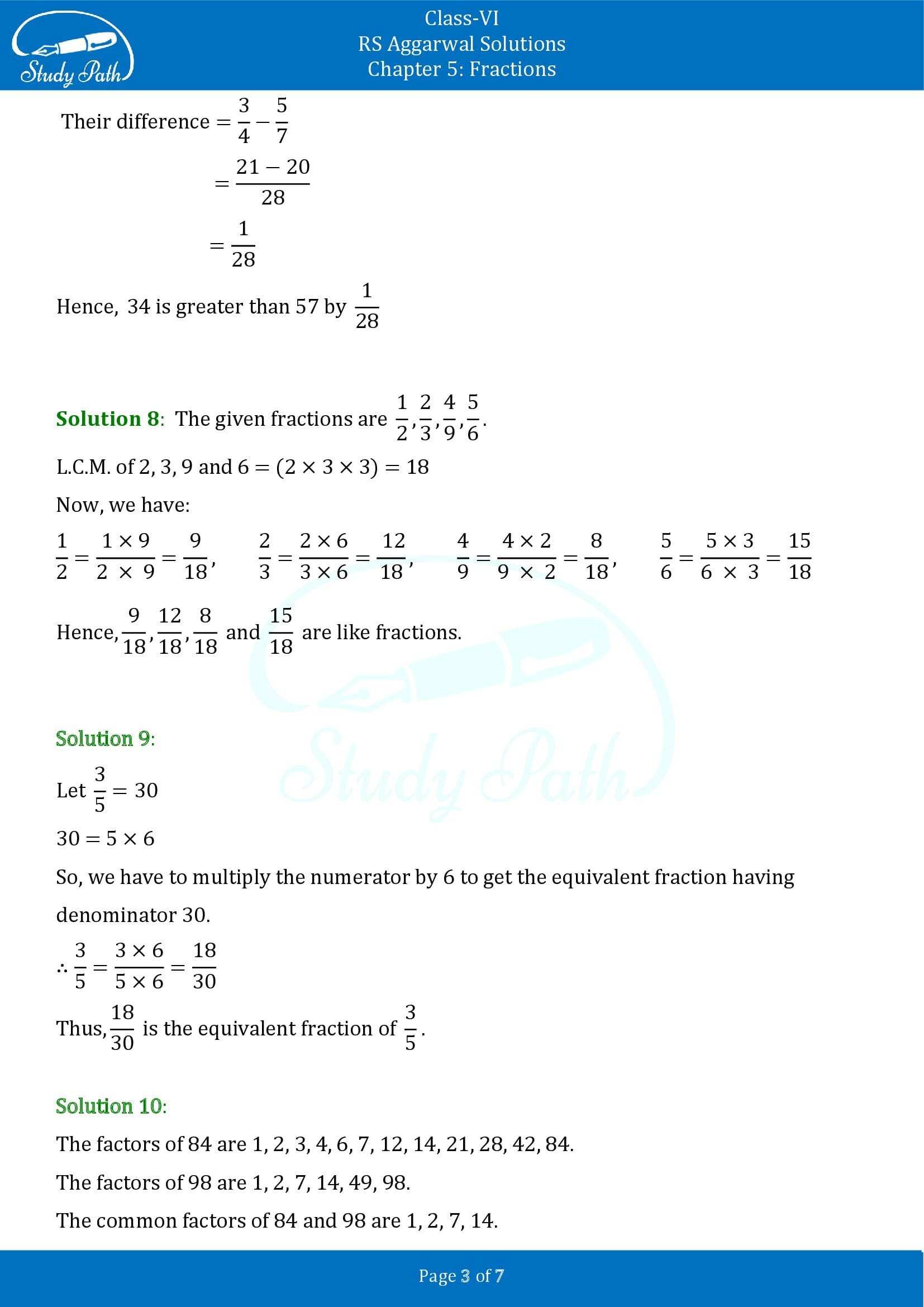 RS Aggarwal Solutions Class 6 Chapter 5 Fractions Test Paper 00003