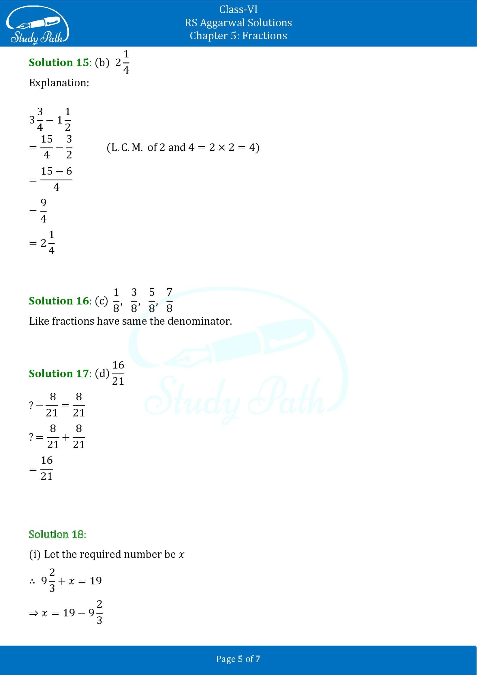 RS Aggarwal Solutions Class 6 Chapter 5 Fractions Test Paper 00005