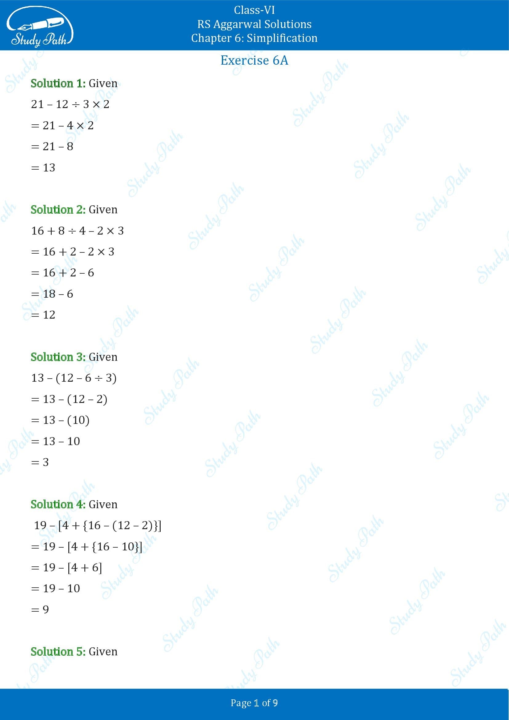 RS Aggarwal Solutions Class 6 Chapter 6 Simplification Exercise 6A 001