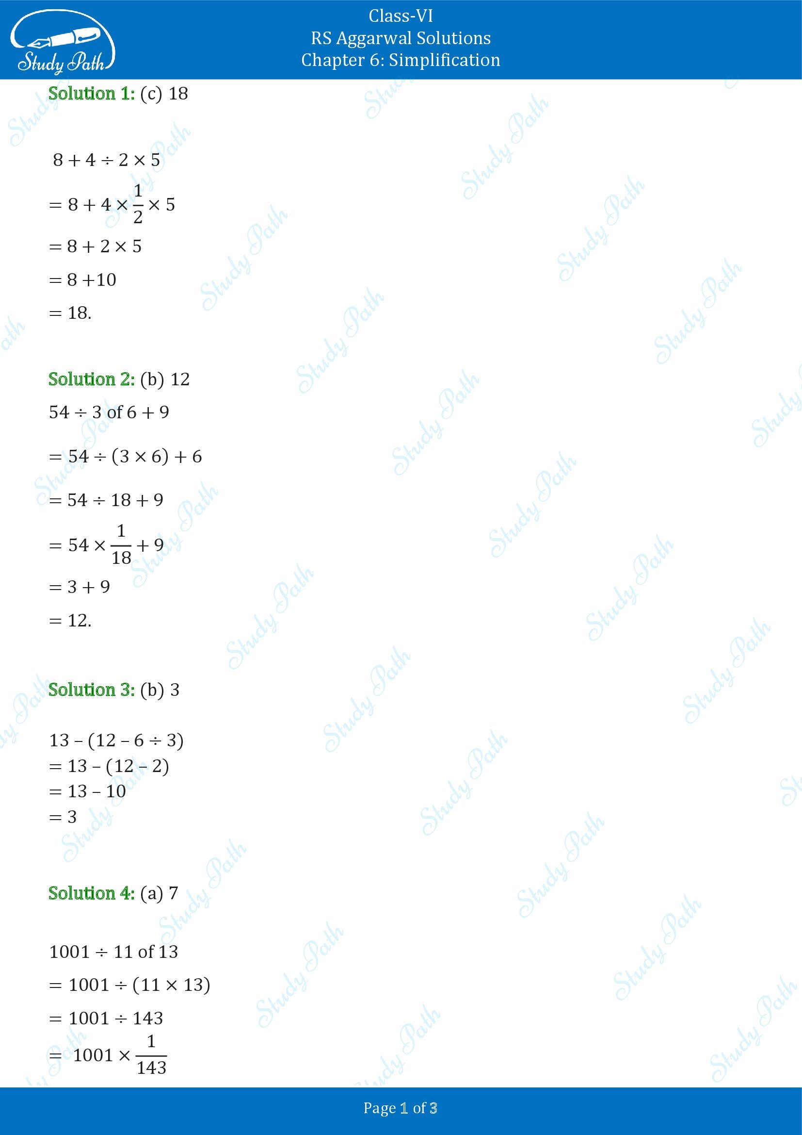 RS Aggarwal Solutions Class 6 Chapter 6 Simplification Exercise 6B MCQ 0001