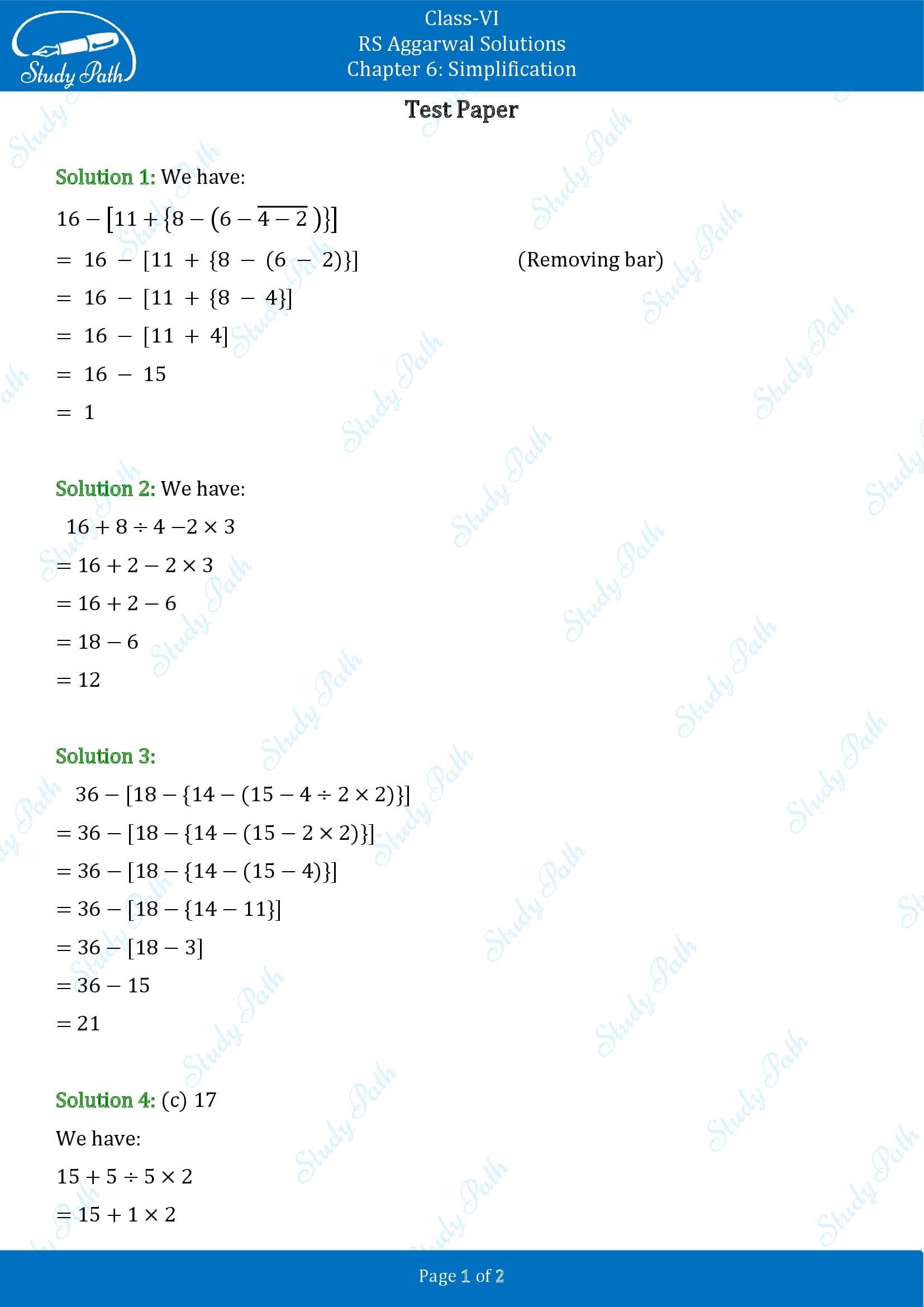 RS Aggarwal Solutions Class 6 Chapter 6 Simplification Test Paper 0001