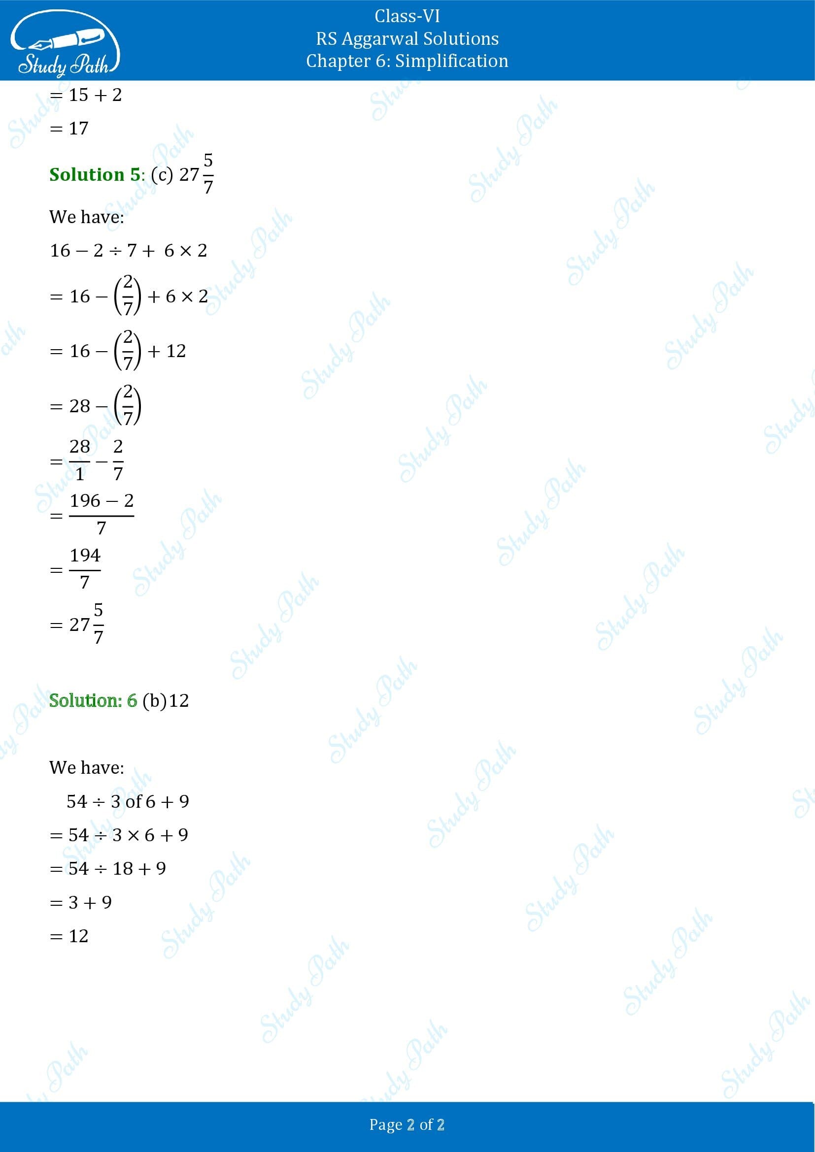 RS Aggarwal Solutions Class 6 Chapter 6 Simplification Test Paper 0002