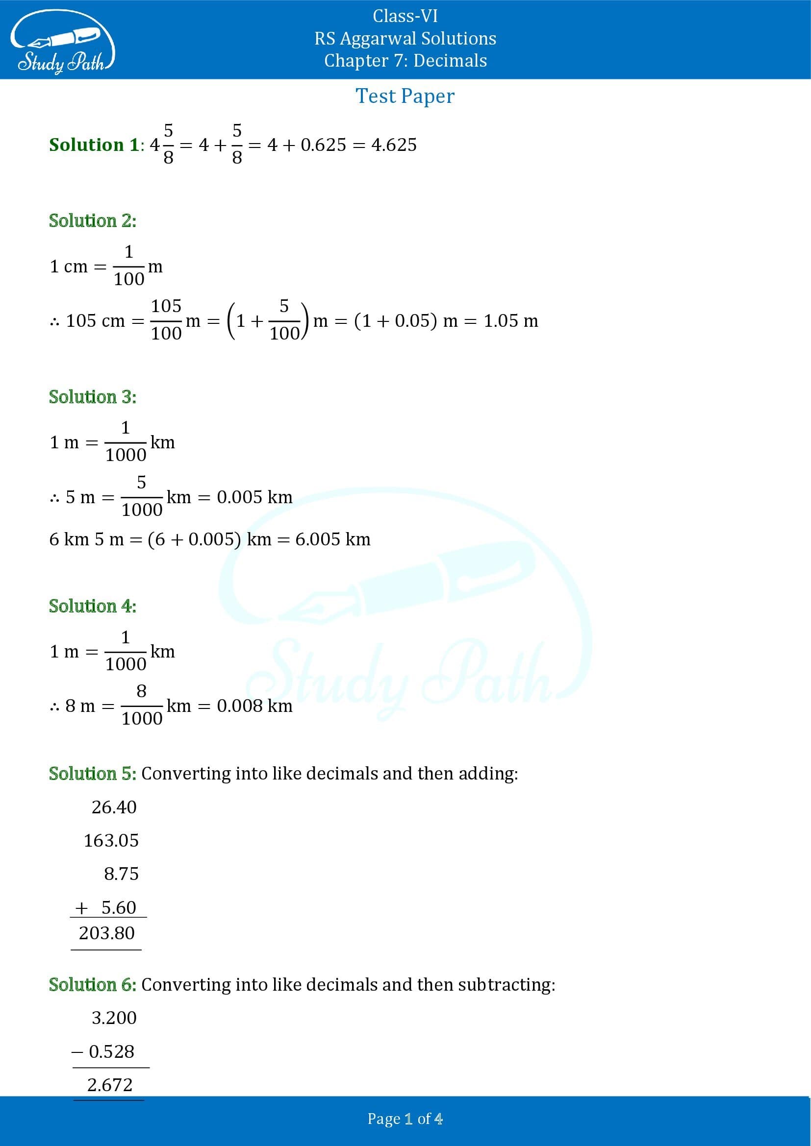 RS Aggarwal Solutions Class 6 Chapter 7 Decimals Test Paper 0001