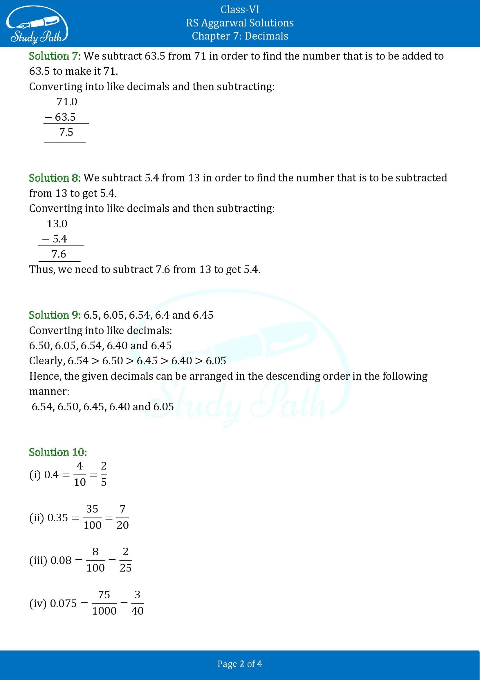RS Aggarwal Solutions Class 6 Chapter 7 Decimals Test Paper 0002