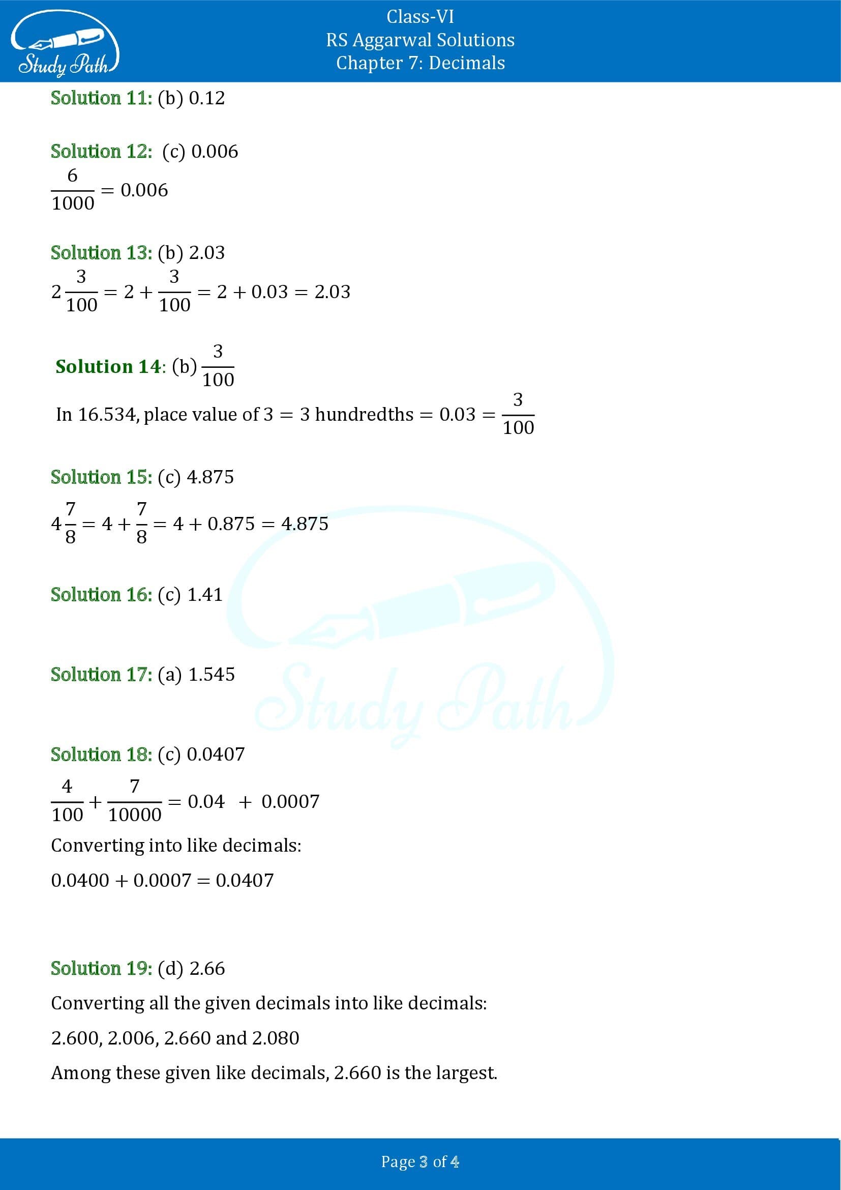 RS Aggarwal Solutions Class 6 Chapter 7 Decimals Test Paper 0003