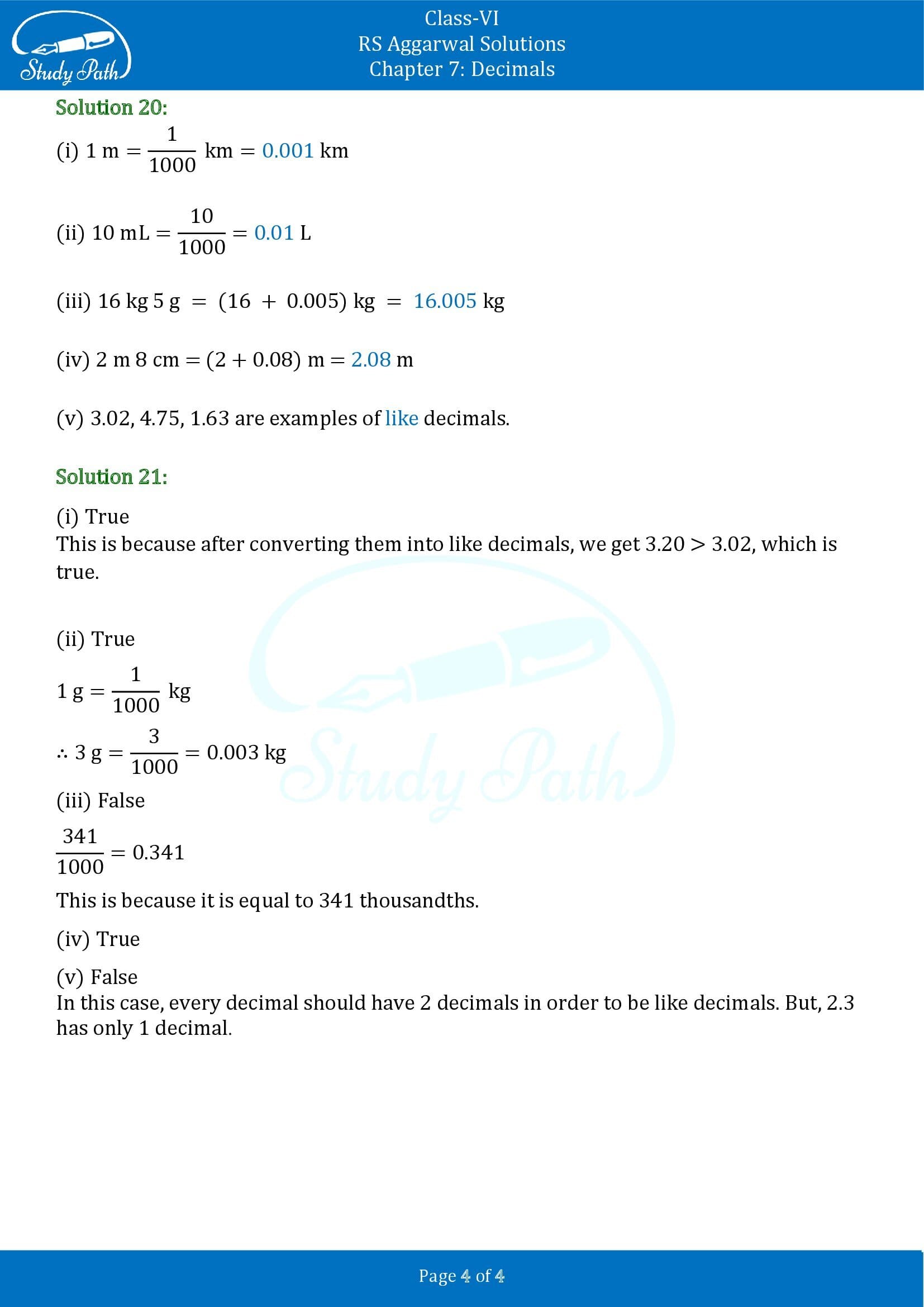 RS Aggarwal Solutions Class 6 Chapter 7 Decimals Test Paper 0004