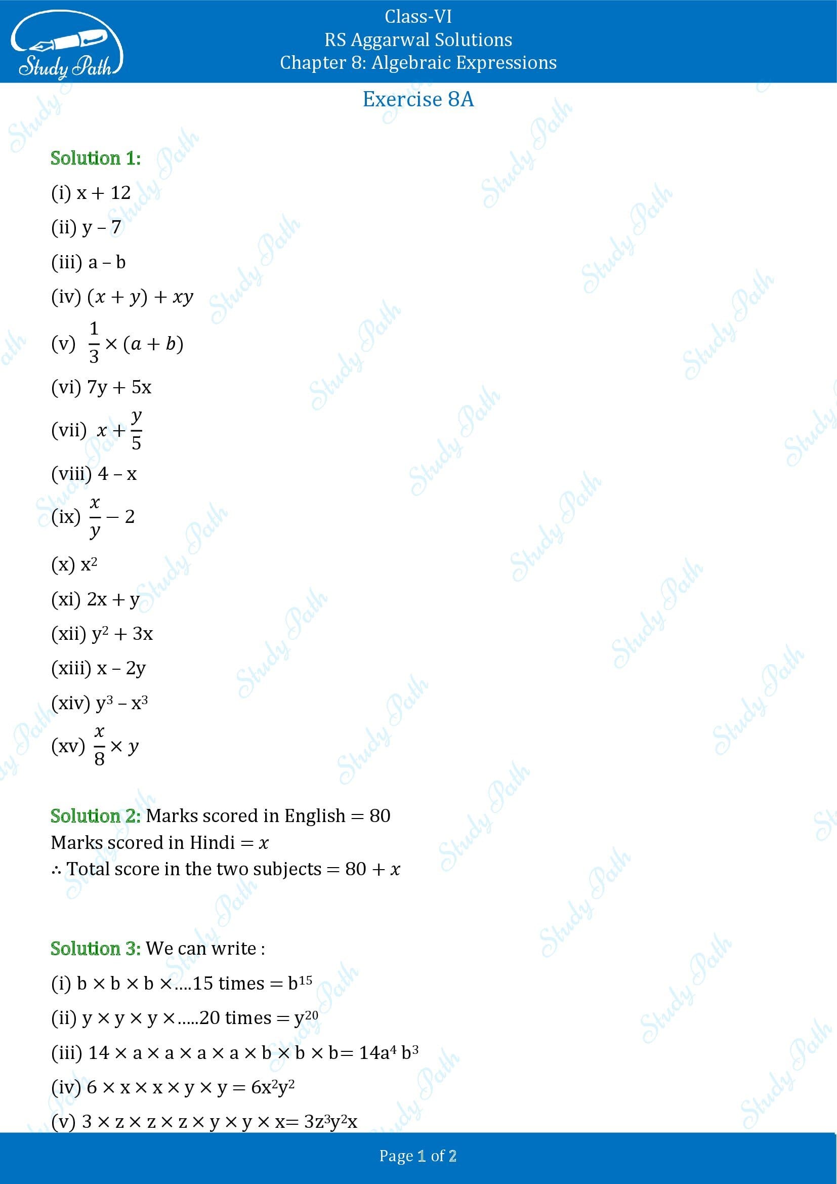 RS Aggarwal Solutions Class 6 Chapter 8 Algebraic Expressions Exercise 8A 00001