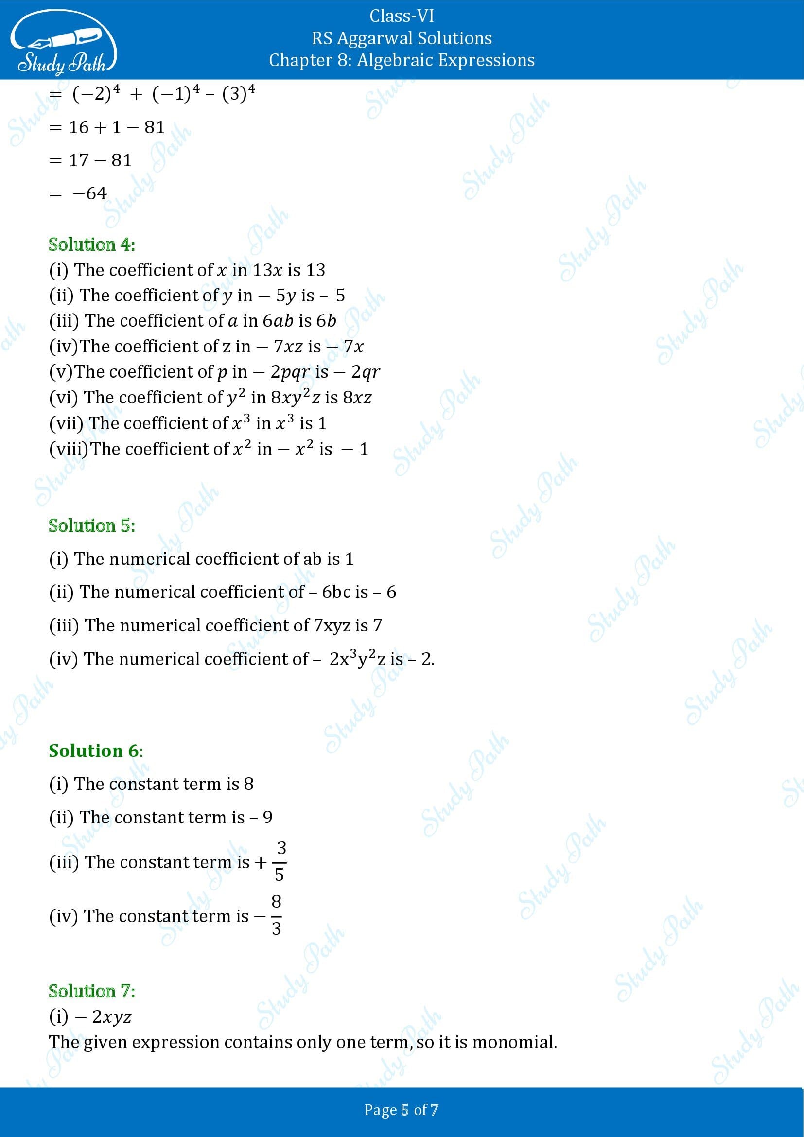 RS Aggarwal Solutions Class 6 Chapter 8 Algebraic Expressions Exercise 8B 0005