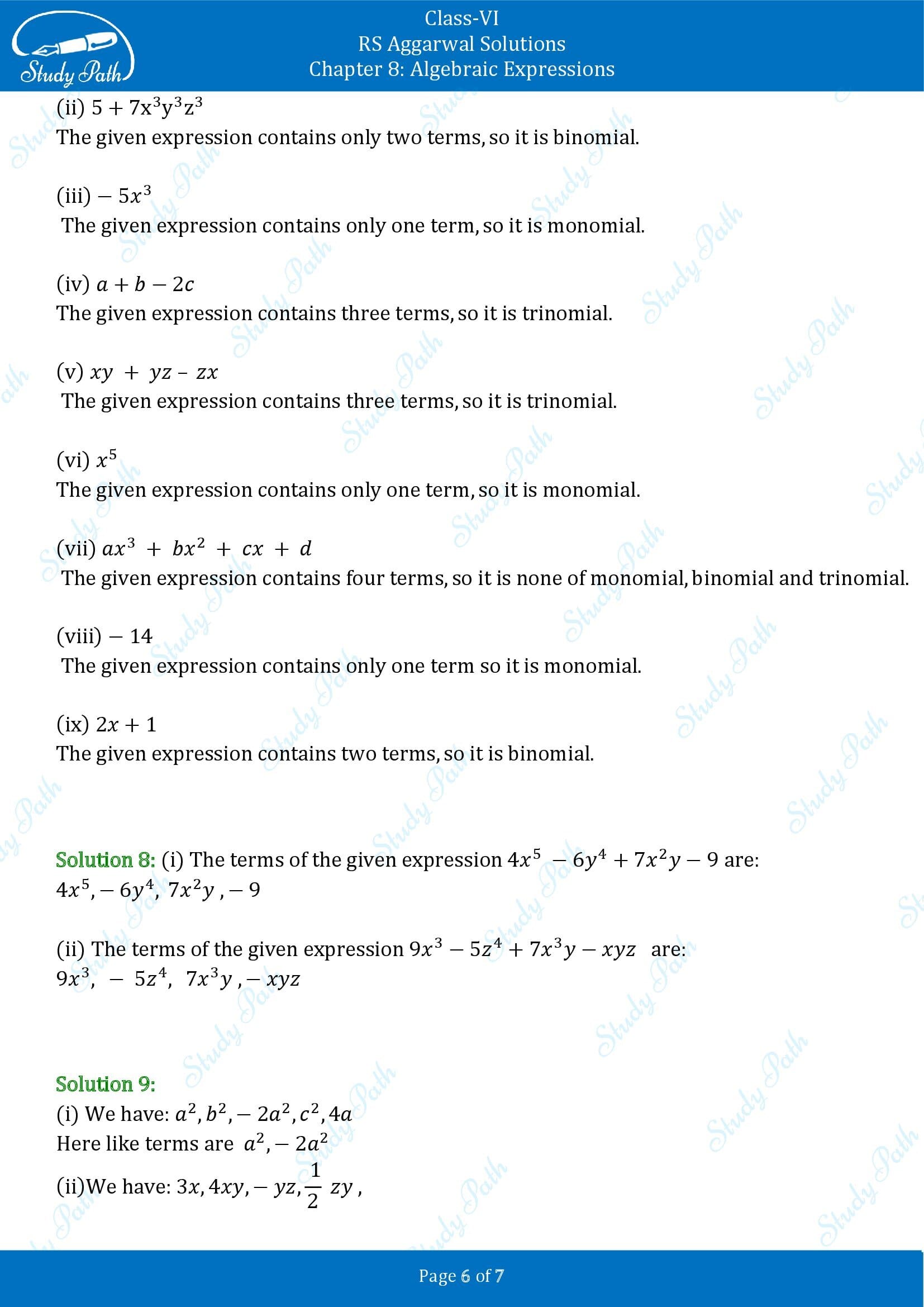 RS Aggarwal Solutions Class 6 Chapter 8 Algebraic Expressions Exercise 8B 0006