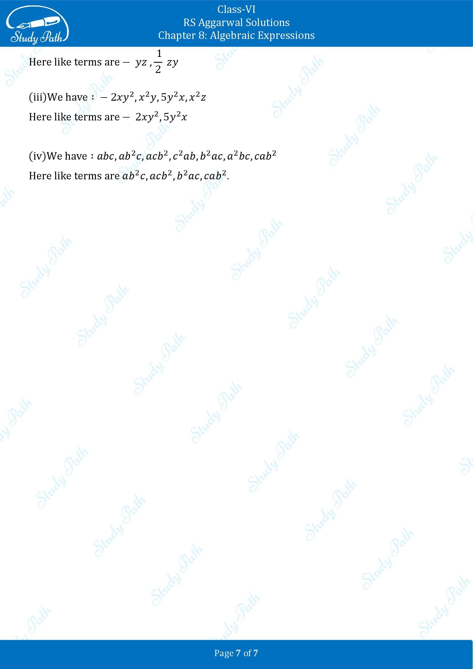 RS Aggarwal Solutions Class 6 Chapter 8 Algebraic Expressions Exercise 8B 0007