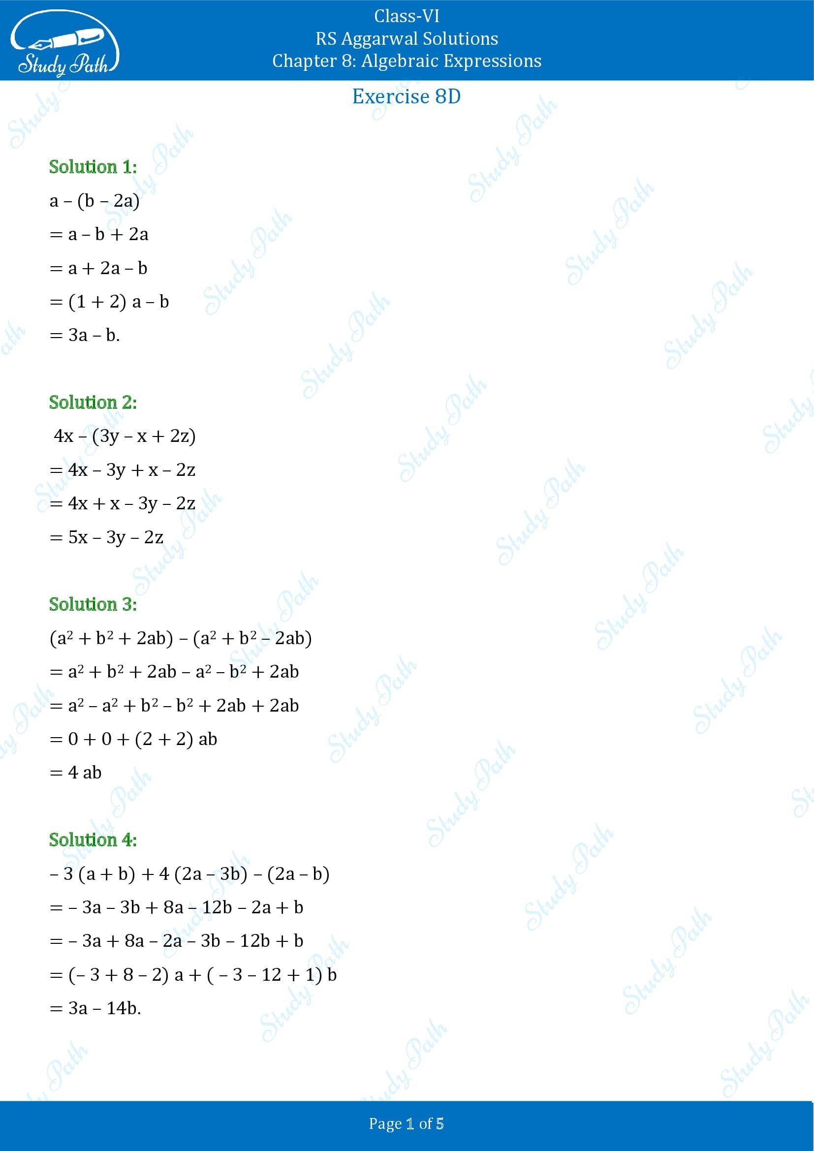 RS Aggarwal Solutions Class 6 Chapter 8 Algebraic Expressions Exercise 8D 0001