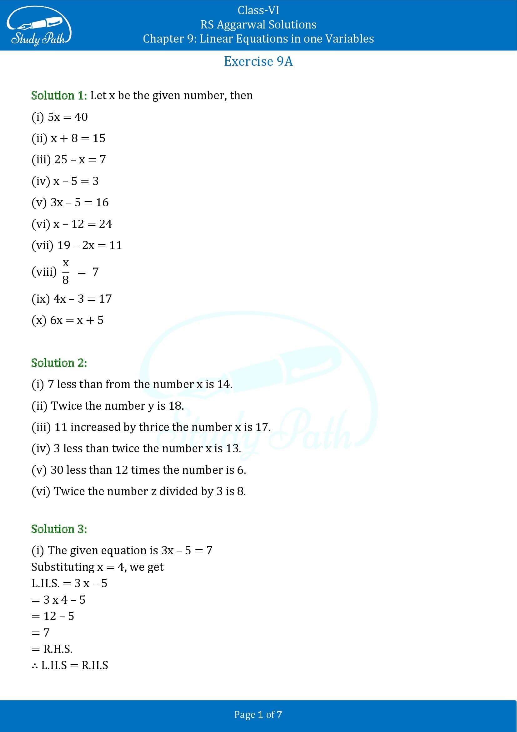 RS Aggarwal Solutions Class 6 Chapter 9 Linear Equations in One Variable Exercise 9A 00001
