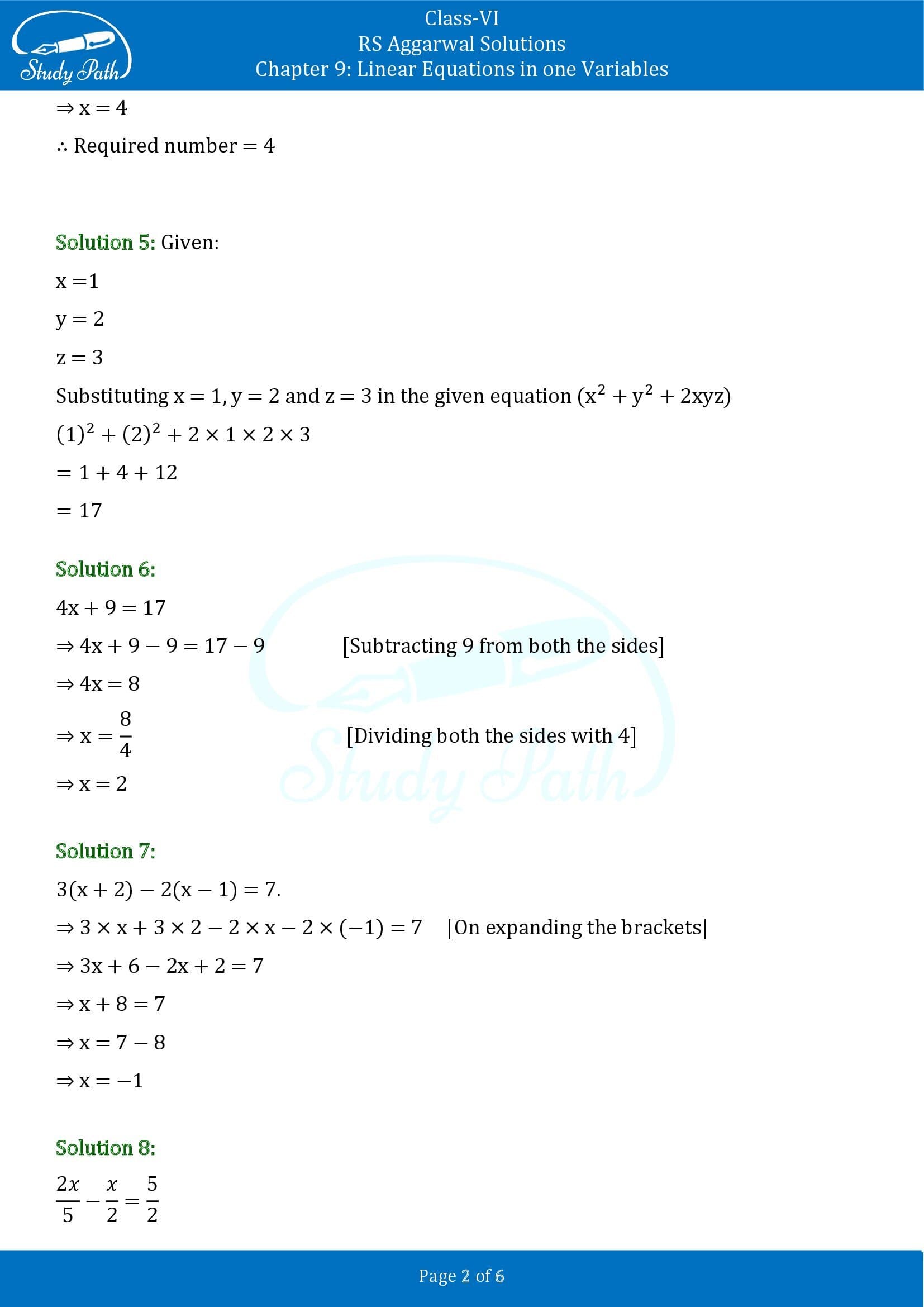 RS Aggarwal Solutions Class 6 Chapter 9 Linear Equations in One Variable Test Paper 00002