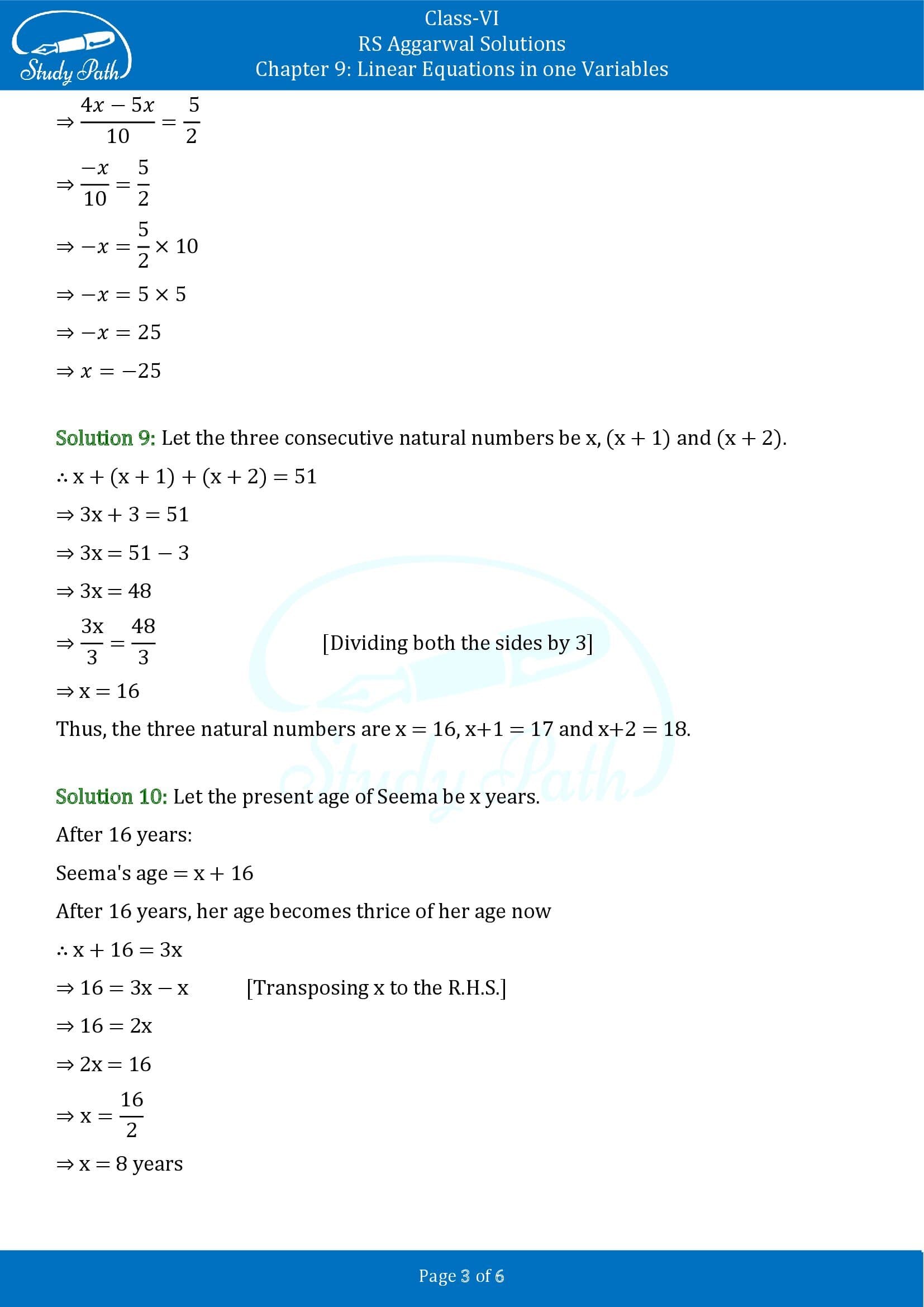 RS Aggarwal Solutions Class 6 Chapter 9 Linear Equations in One Variable Test Paper 00003